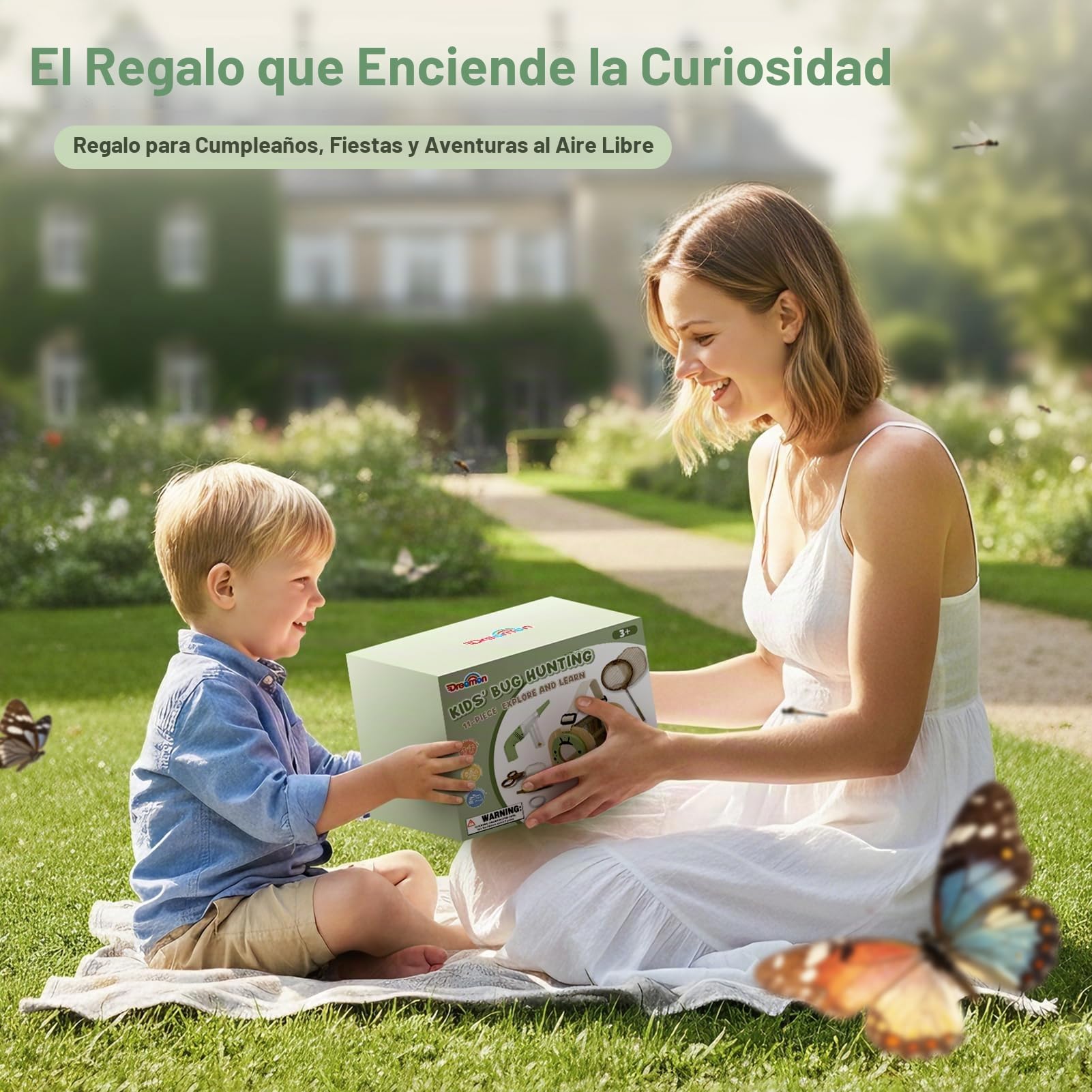 Dreamon Kit de Caza de Insectos para Niños de 3-5 Años: Jaula de Madera, Aspirador, Red y Bolsa - Juguete de Exploración al Aire Libre y Safari