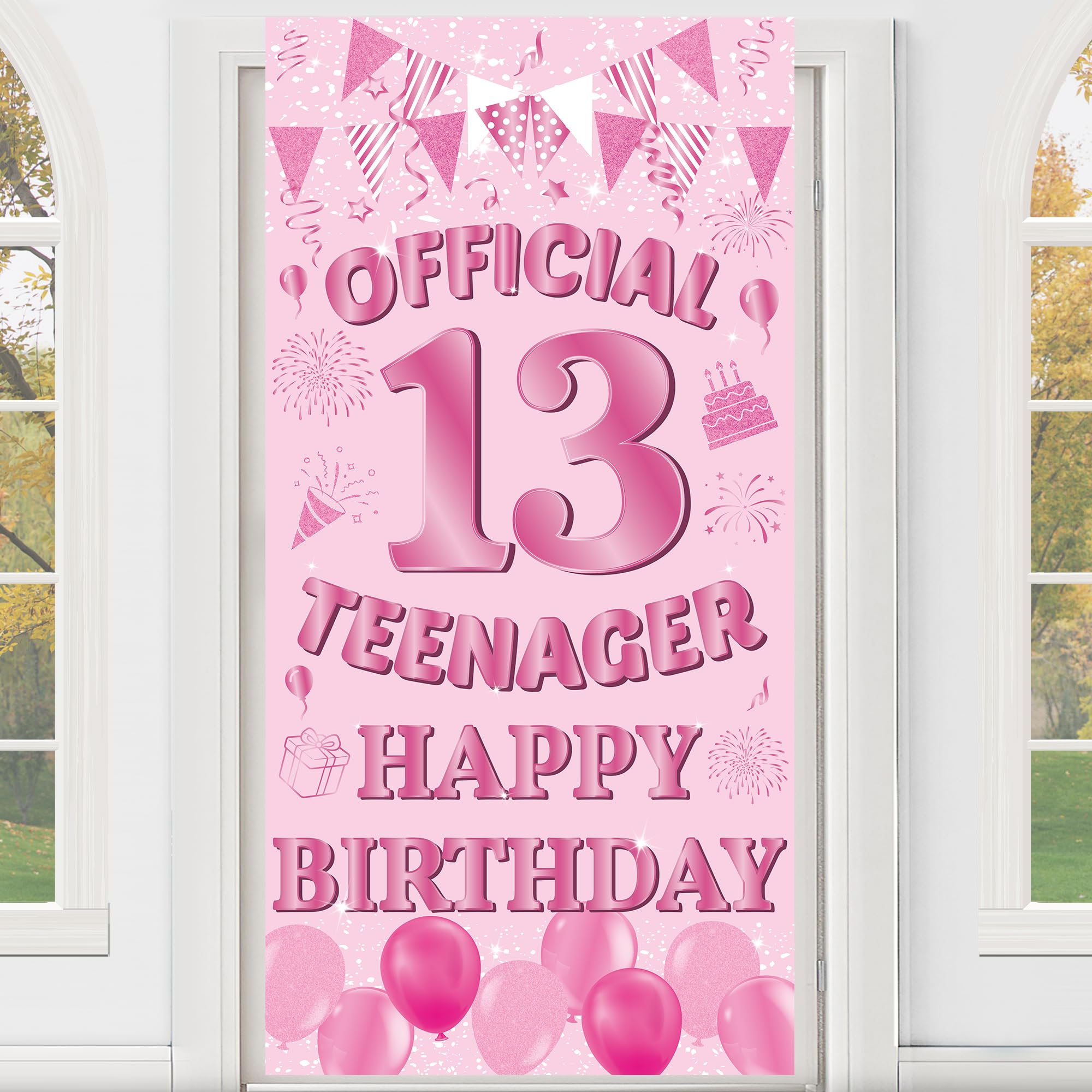 13th Birthday Decorations Banner Girls - Pink Official Teenager Happy Bday Door Banners Backdrop Cloth Party Supplies Photo Backgrounds for Thirteen Year Old Outdoor Indoor Yard Decor 185 X 90 cm