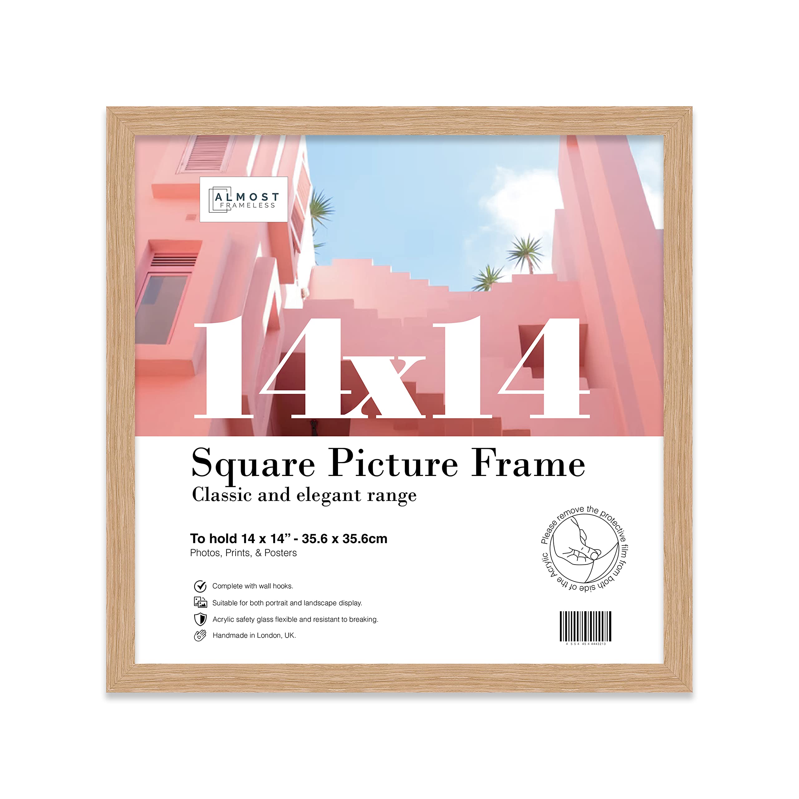 Almost Frameless 14x14 Oak Picture Frame 14"x14"(35.6x35.6cm) Poster, Photo, Artwork, or Print. Thin Edge Slim Frame Portrait and Landscape Display with Wall Hooks