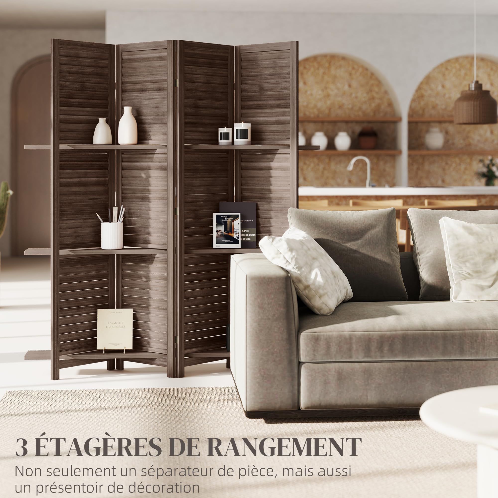 HOMCOM Paravent Intérieur en Bois 4 Panneaux 160 x 170 cm Noyer