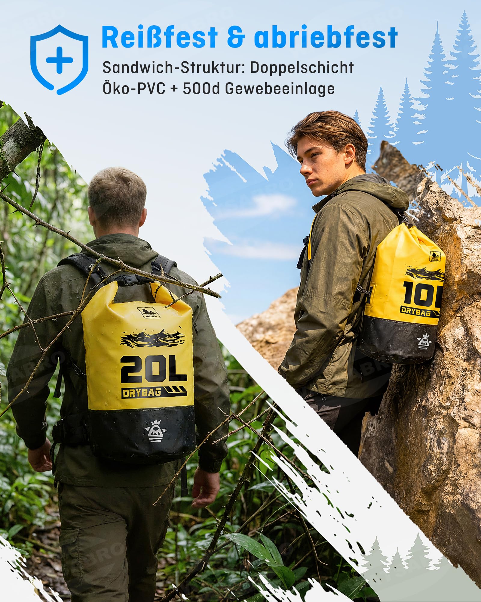 WATSABRO Dry Bag – 5L/10L/20L wasserdichte Tasche, Kratzfester Wasserdichter Rucksack, Inklusive 100% Wasserfeste Handyhülle – Ideal für Wassersportarten wie SUP, Kajak, Kanu sowie Strandurlaube