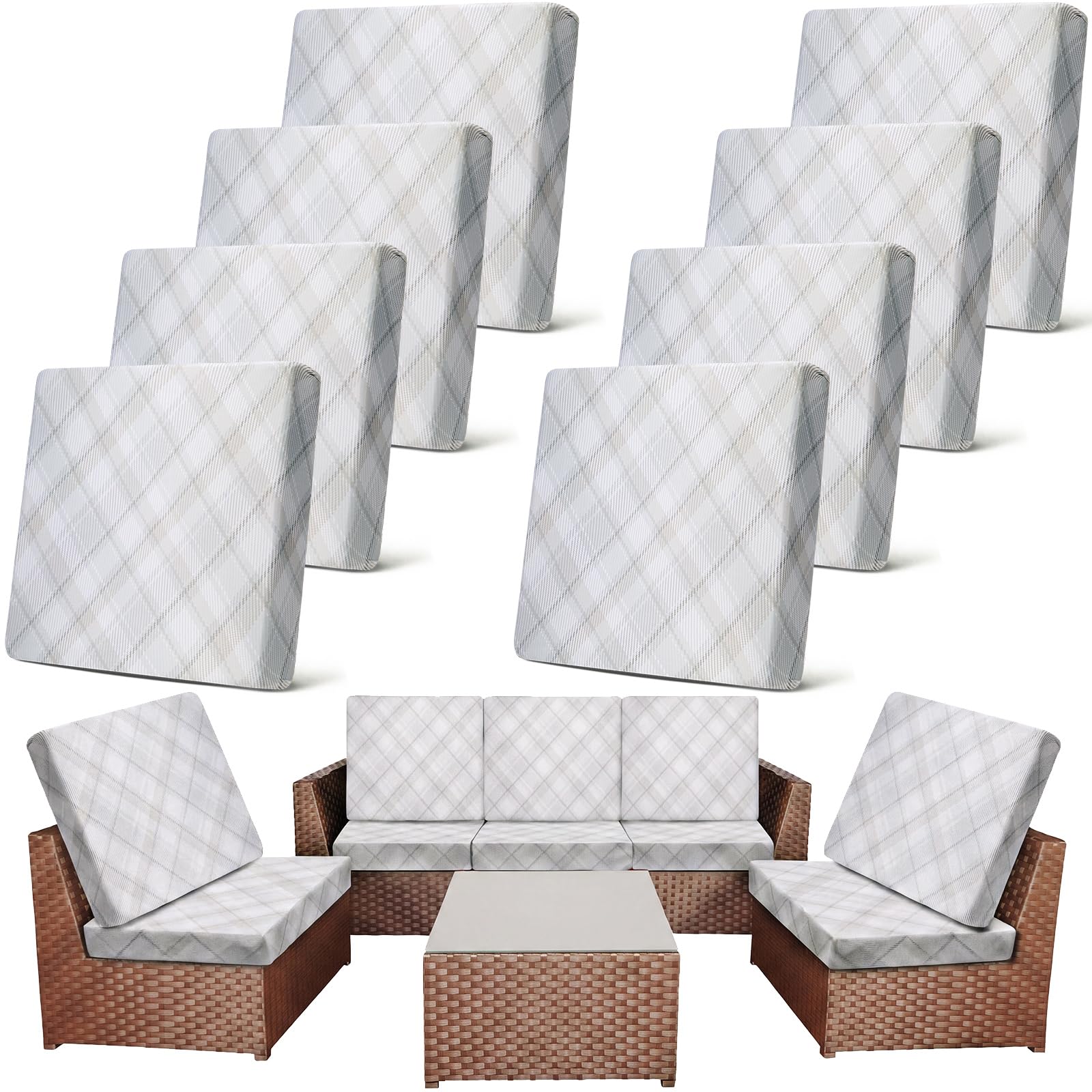 Newwiee 8 Pcs Patio Outdoor Cushion Covers,Plaid,White Grey