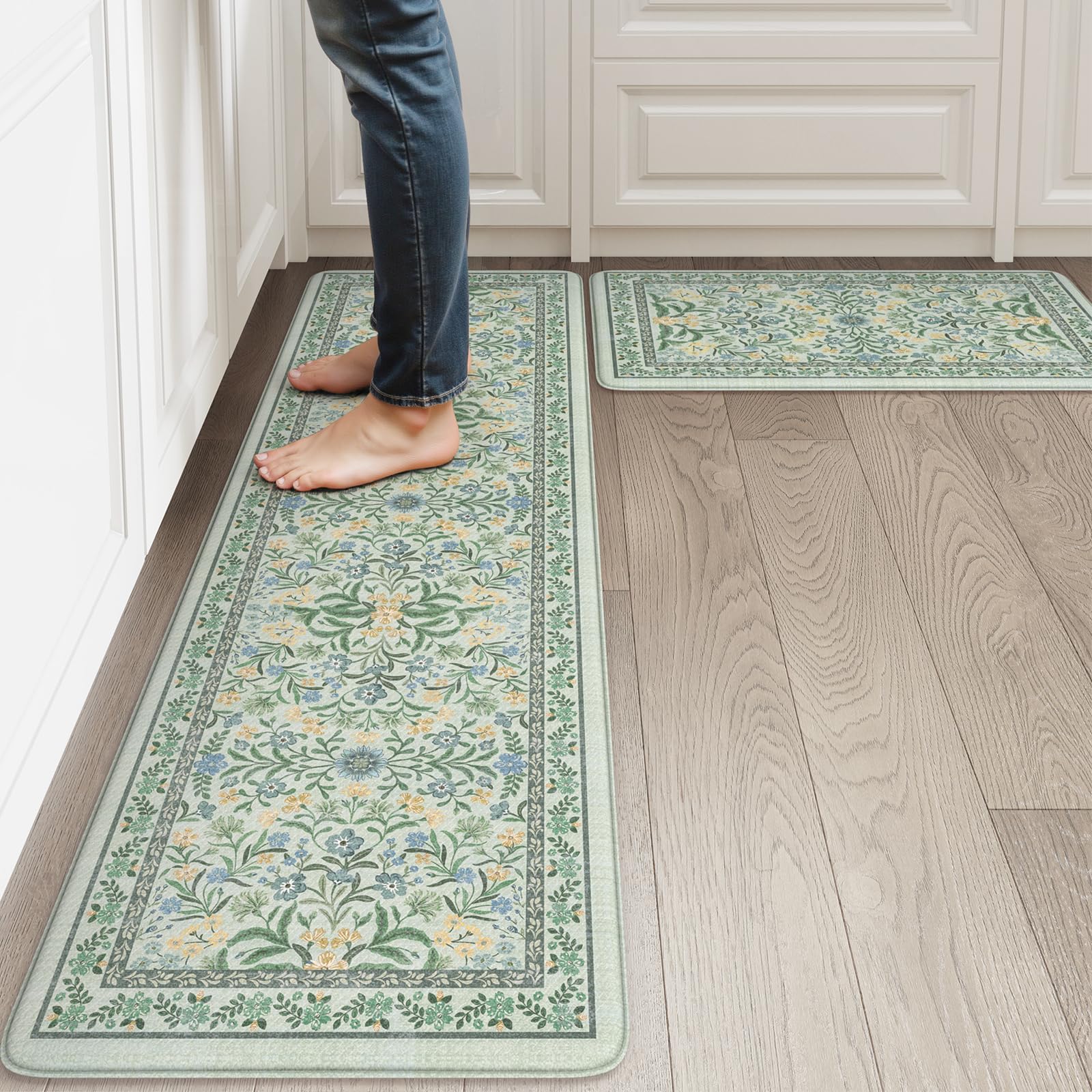 Photo 1 of Collive Anti Fatigue Mats for Kitchen Floor, Cushioned Waterproof Sink Rug Set of 2 Spring Floral Kitchen Mat Comfort Non Skid Standing Rug for Office, Desk, Laundry, 17"x30"+17"x59"
