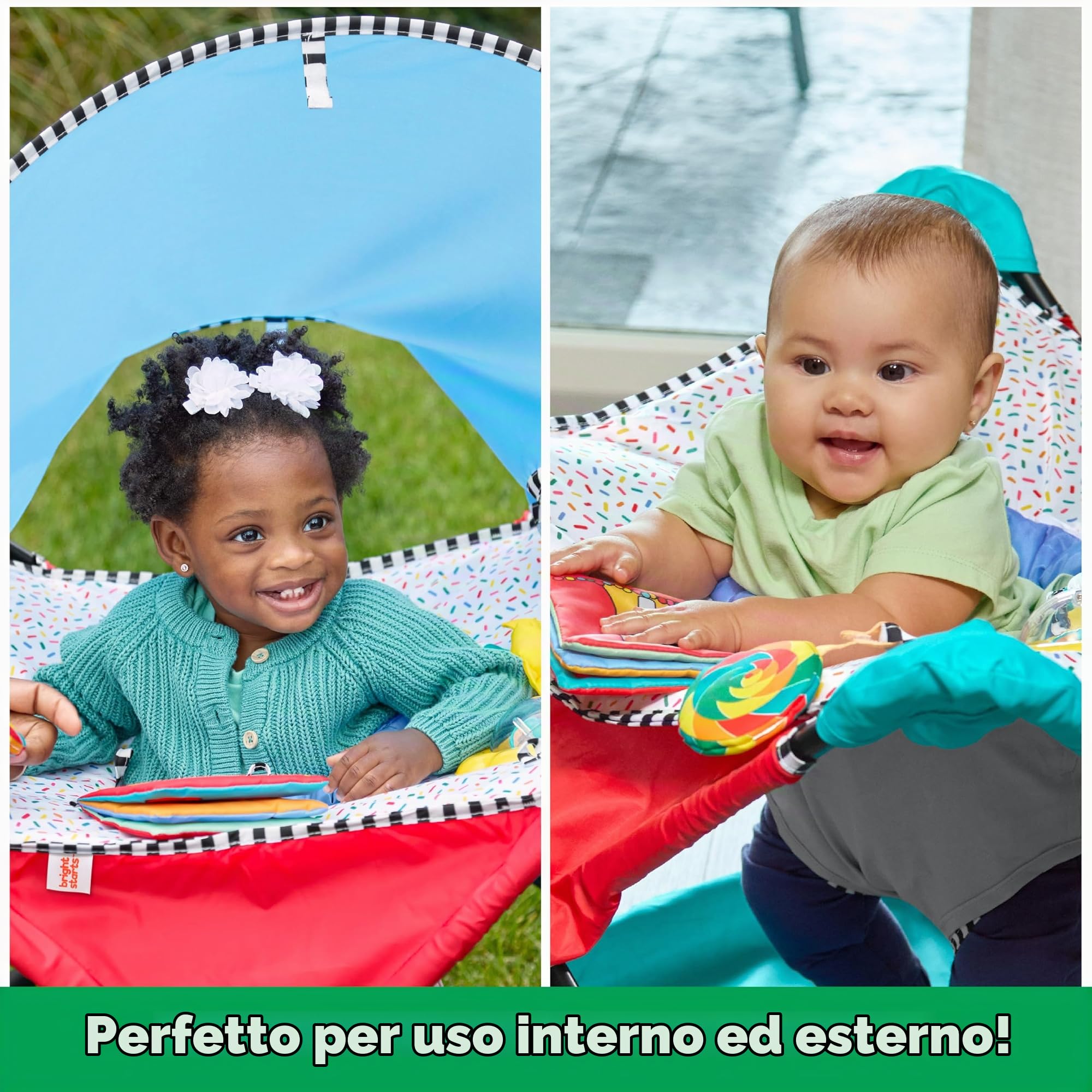 Bright Starts, Jumper Multiattività Portatile Pop 'N Jump, 4 Giocattoli Sensoriali a Tema Dessert, Uso Interno/Esterno, Unisex, 6-12 Mesi