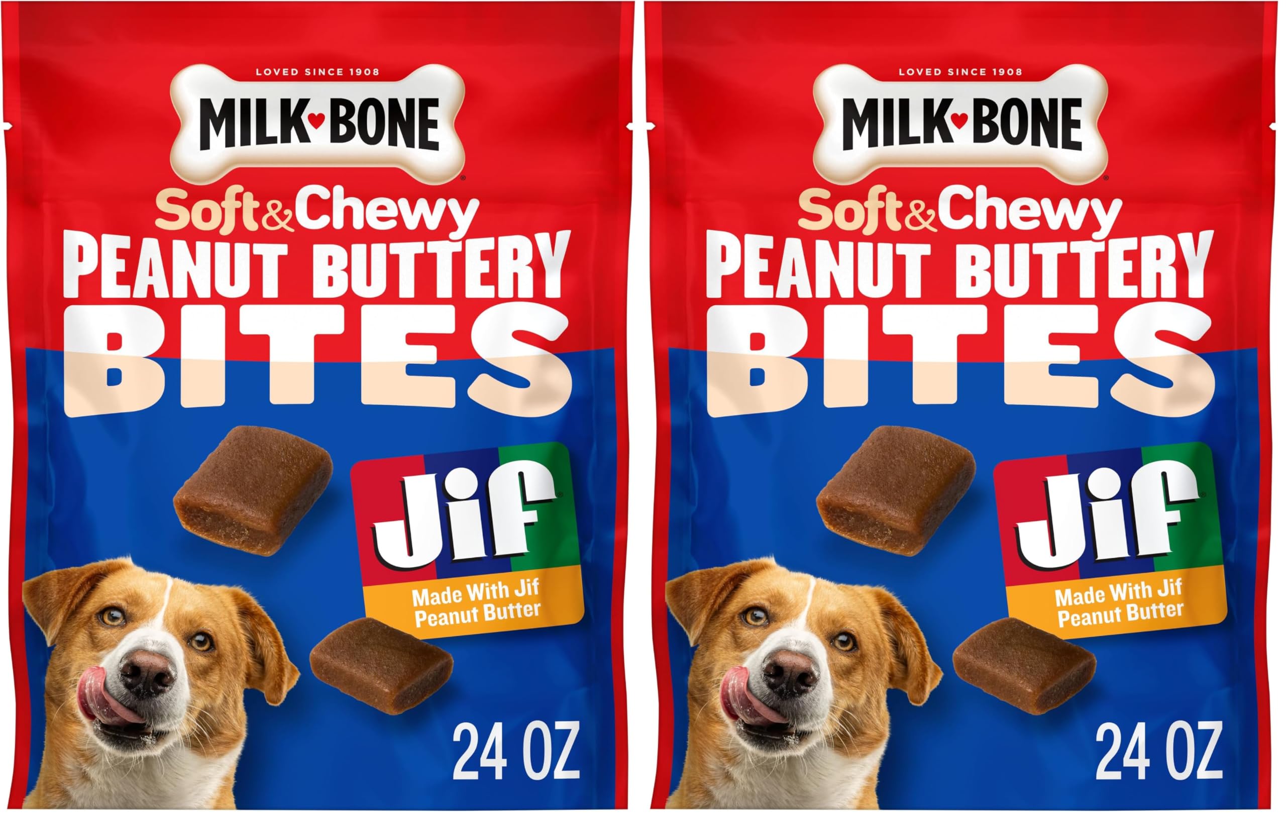 Milk-Bone Peanut Buttery Bites, Soft Dog Treats with Jif Peanut Butter, 24 Oz. Bag (Pack of 2)