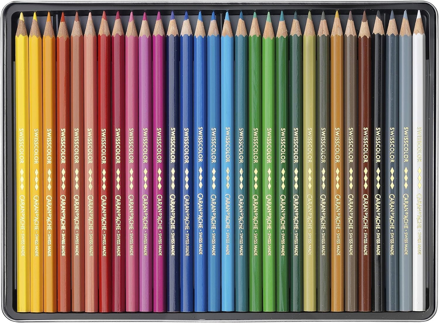 Caran D'ache Swisscolor - Matite acquerellabili in scatola di metallo, confezione da 30 pezzi e 2 carte