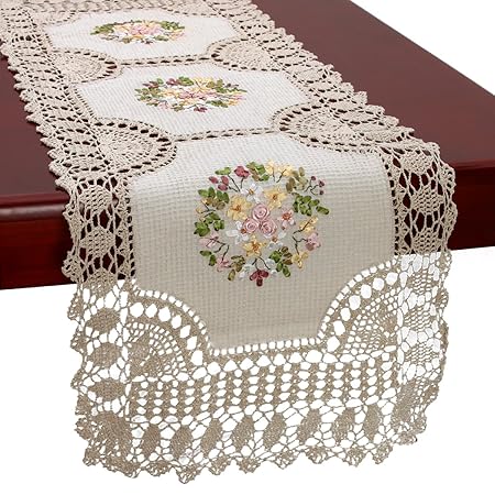 Grelucgo Small Handmade Crochet Cotton Lace Table Runner Dresser Scarf, Ribbon Embroidery (Rectangle 16 x 36 inch)