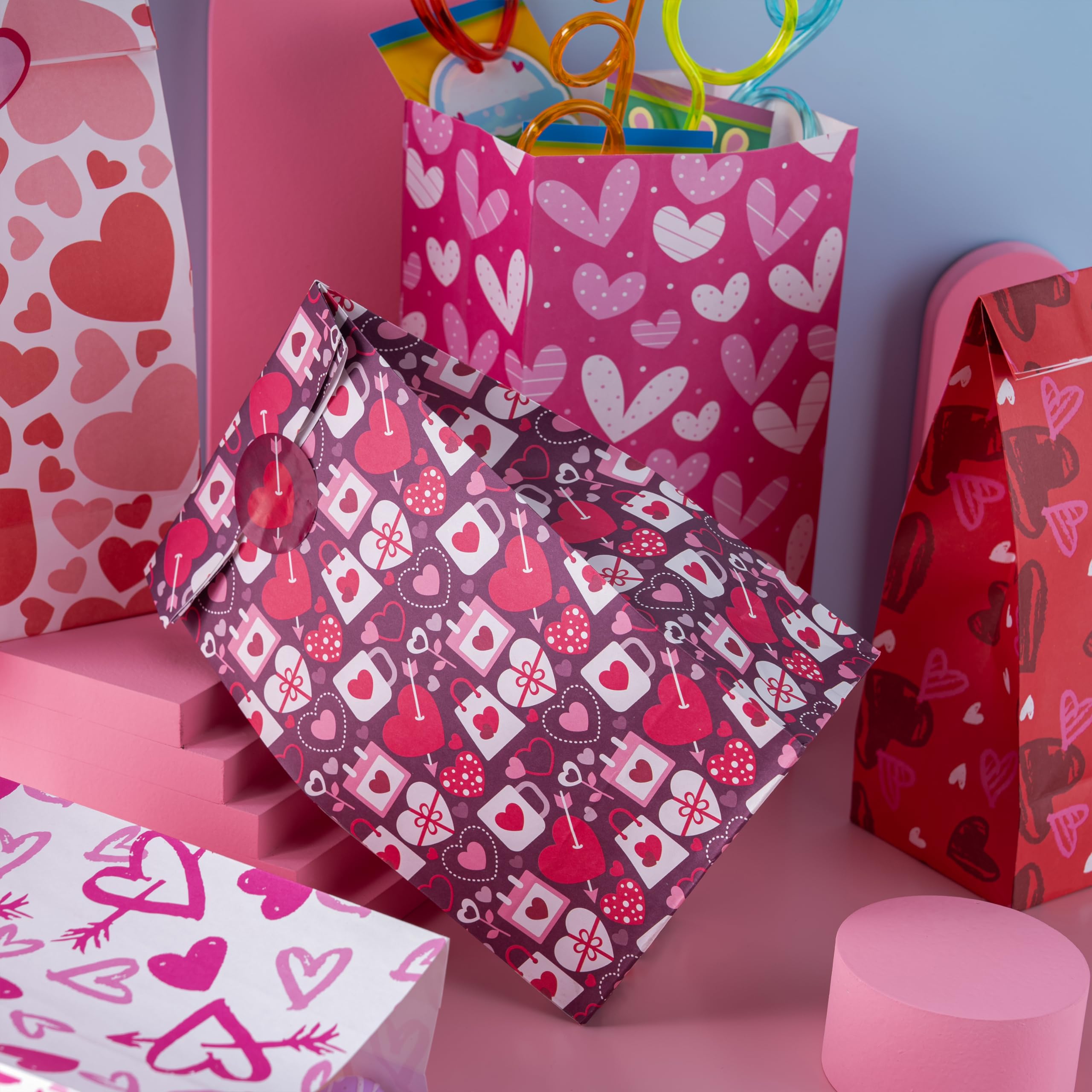 JOYIN 48 Pcs Valentine’s Day Paper Gift Bags, 9.5" Goodie Bags ,Treat Bag with Love Sticker for Valentine Party Favors Gifts, Wedding Gift ,Giving Gift Wrapping Birthday,Classroom Exchange Prizes