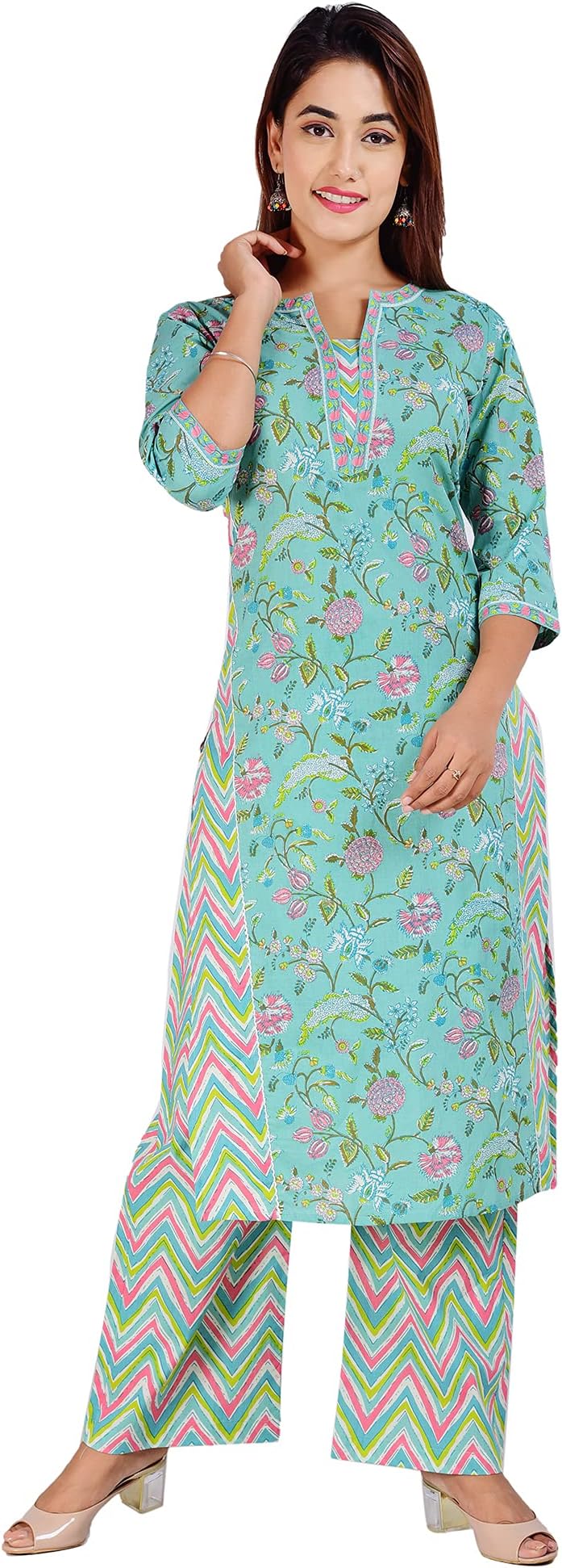 COTLAND FashionsJaipuri Cotton Printed Straight Kurta with Palazzos Set for Women