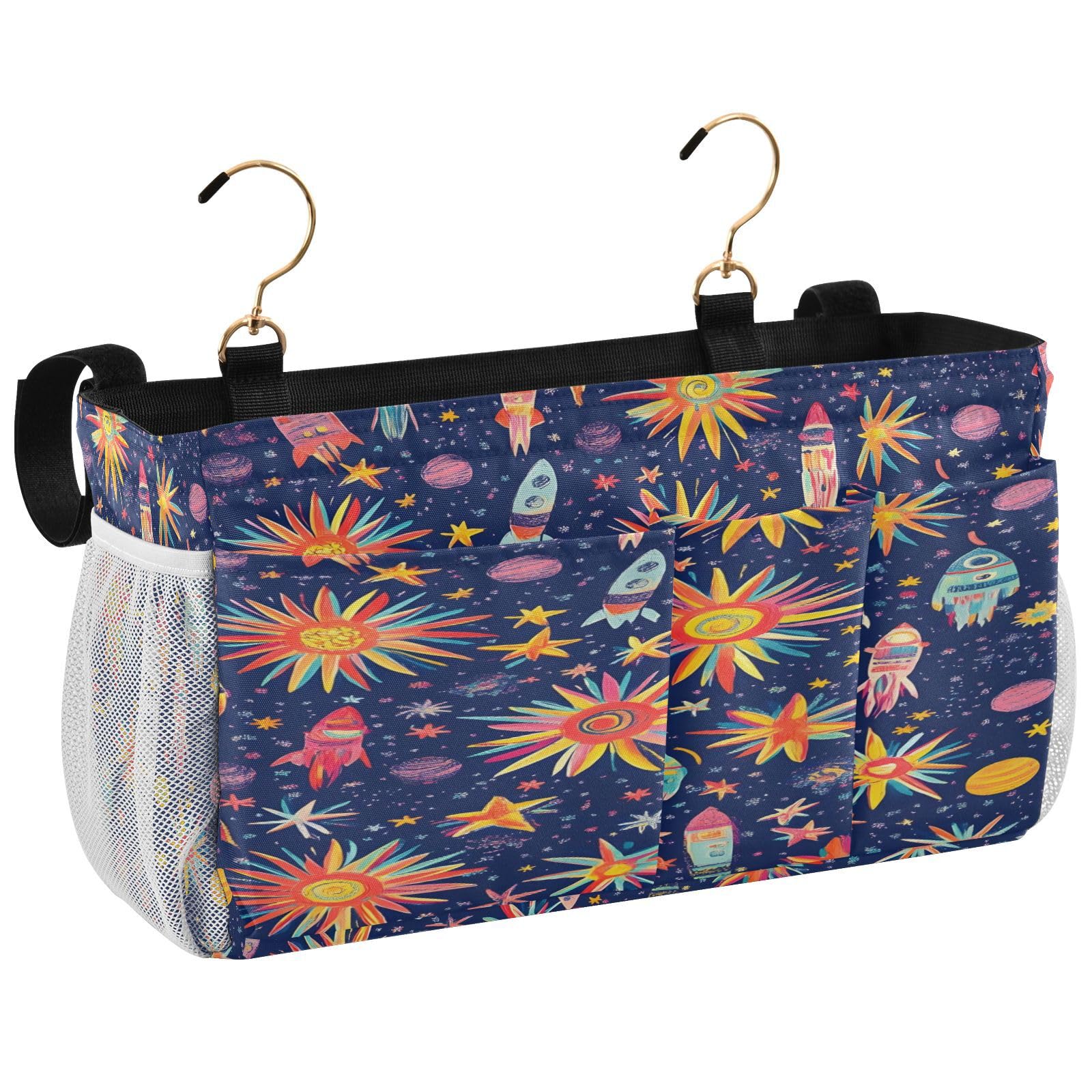 BOESI Doodle Rocket and Planet Pattern Bedside Storage Hanging Bag, Hanging Storage Basket, Suitable for Storing Cell Phones, Water Bottles, Books