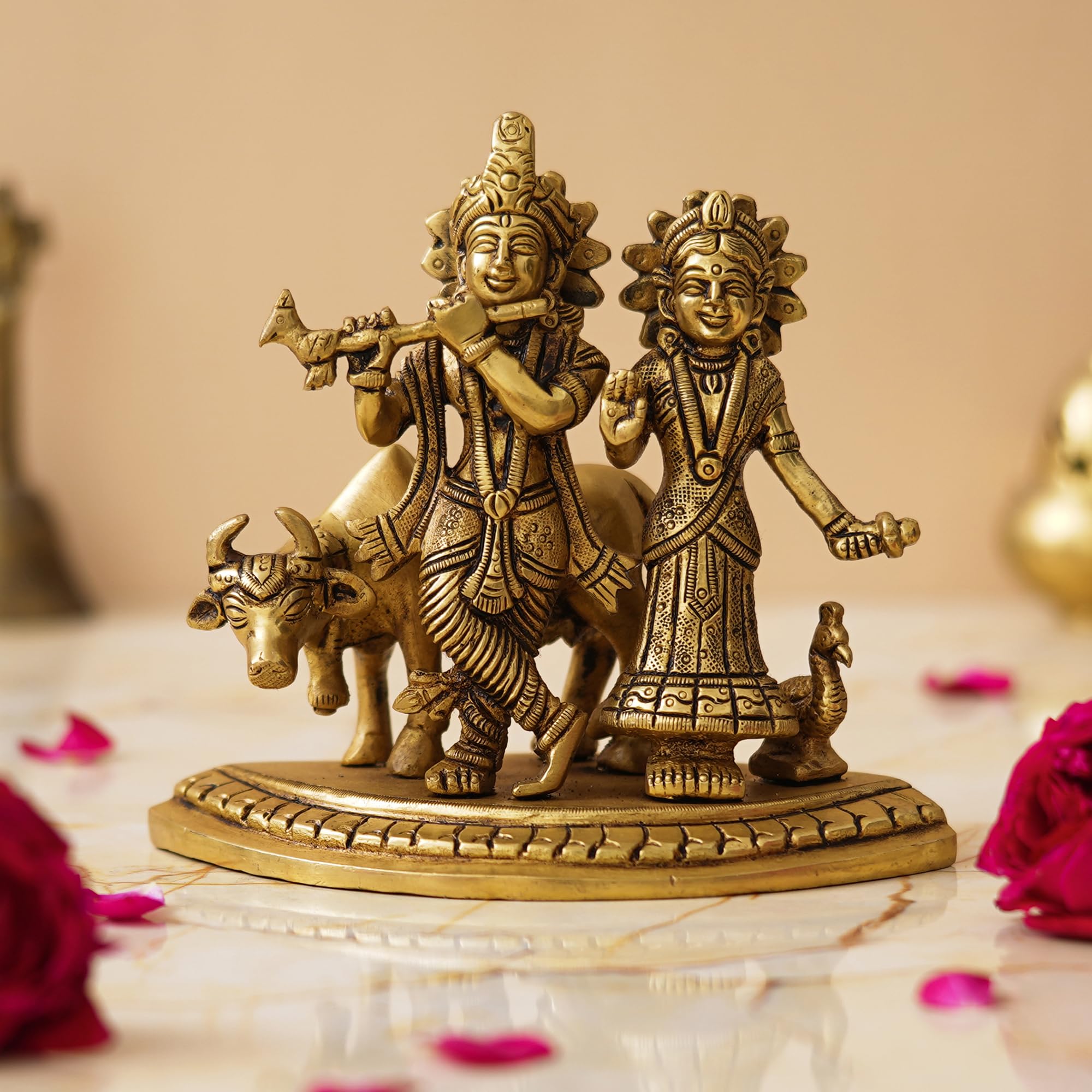 Brass 5.5 Inch Radha Krishna Standing With Cow Murti Pair Of Radhe Krishna Jugal Jodi Idol Divine Love God Sculpture Lord Gopal Gopi Figurine Showpiece for Home Office Decor Puja Gifting Purpose