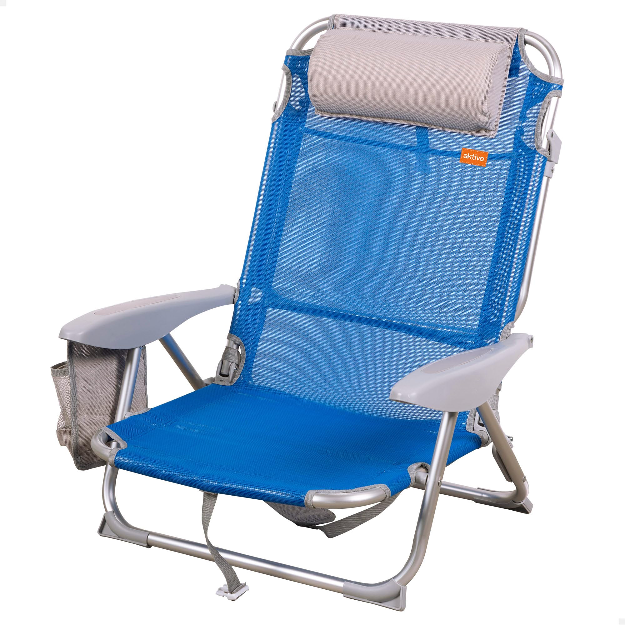 AKTIVE Chaise de Plage Pliante, 4 Positions, 51X45X76 cm, Coussin Inclus, Hauteur d'Assise 17 cm, Poignée de Transport, Poche latérale, Bleu (62609)