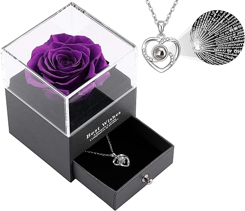 Caja de regalo de rosa real preservada, rosa real encantada con collar I Love You, regalo en 100 idiomas, rosa eterna hecha a mano, rosa preservada