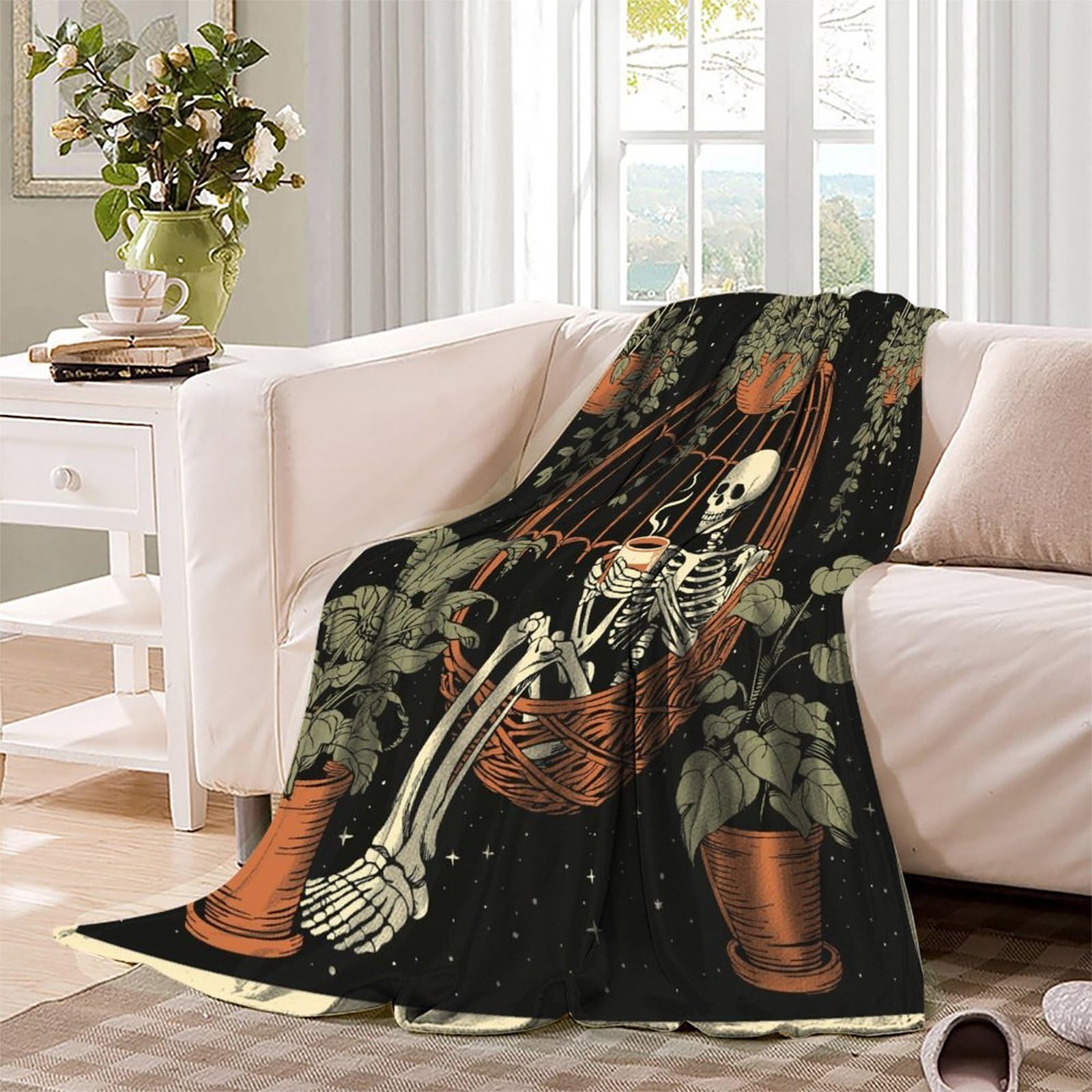 Uno scheletro è seduto in un uovo intrecciato Manta Estampada 3D Sedia sospesa a forma di Colcha De Diseño Ropa De Cama De Microfibra Suave Y Cálida Sofá Ropa De Cama 80x90inch(200x230cm)