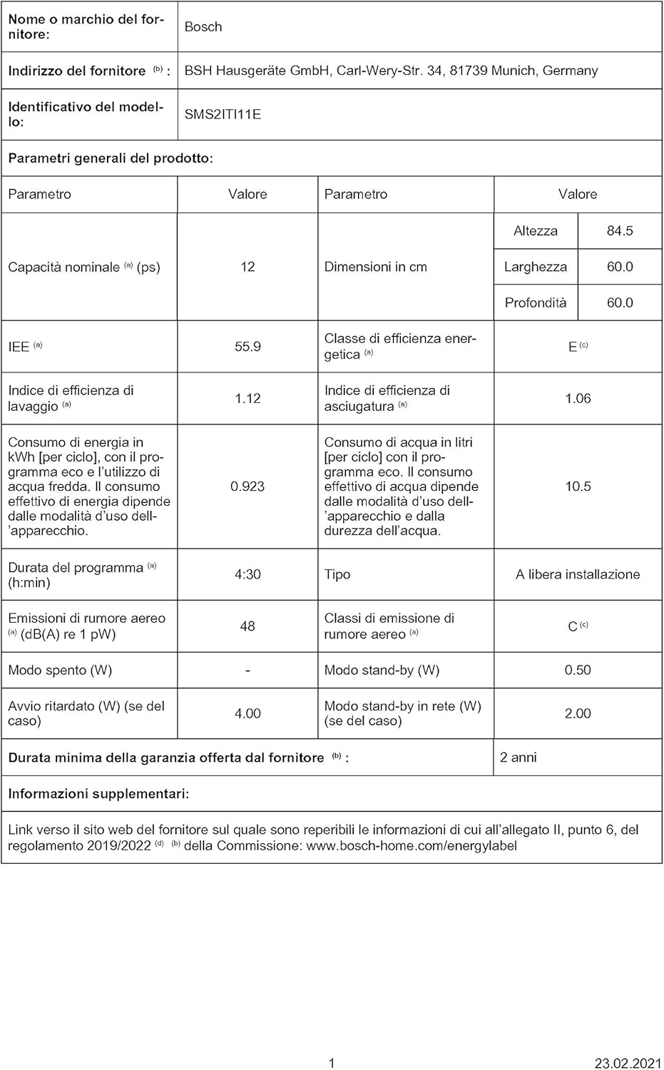 Bosch Elettrodomestici SMS2ITI11E Serie 2, Lavastoviglie da libero posizionamento, 60 cm, color inox [Classe di efficienza energetica E]