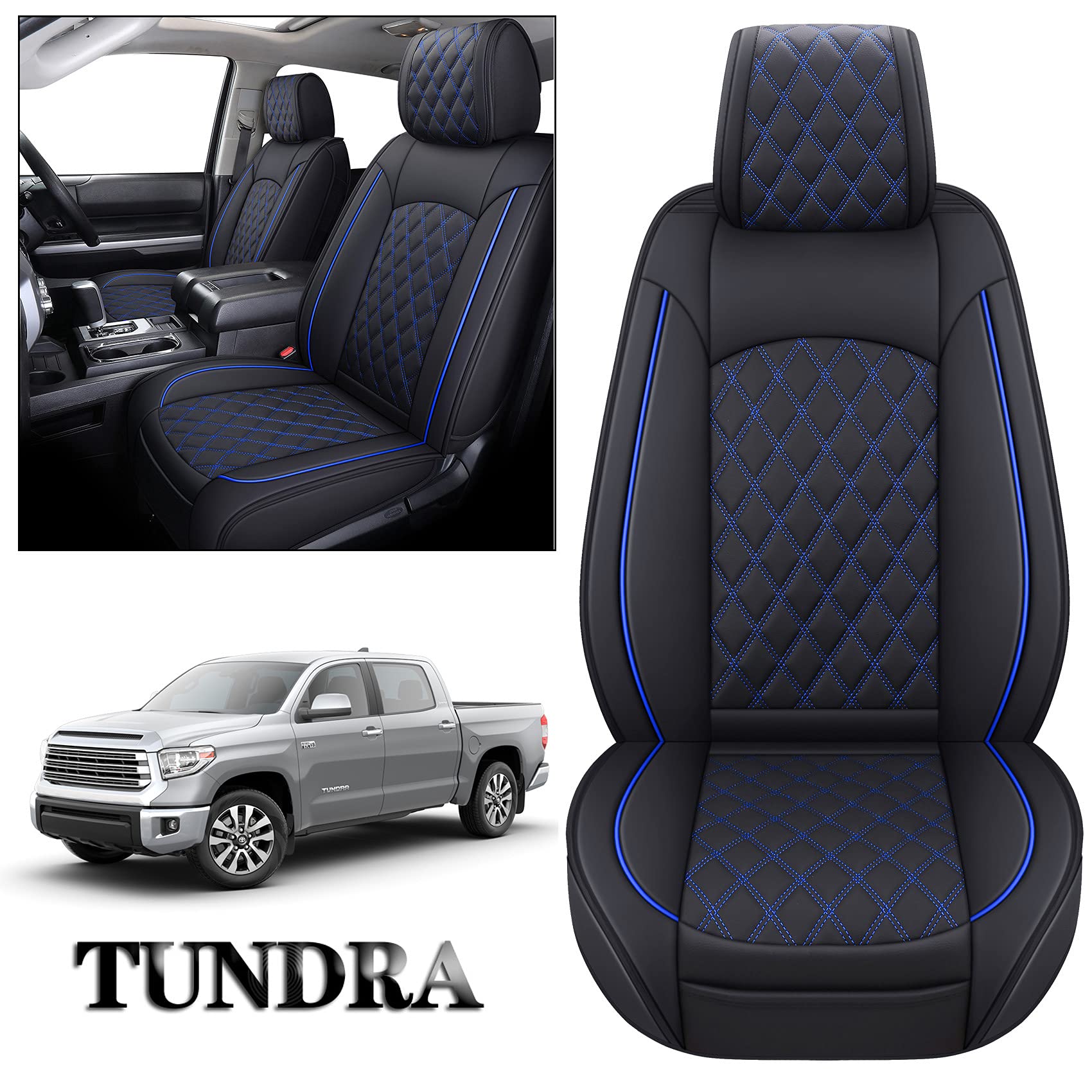 YIERTAI Truck Seat Covers Compatible with Toyota Tundra for 2008-2025 Tundra Crewmax SR5 Limited Double Cab Crew Extended Cab Waterproof Leather Seats Protectors(2 PCS Front only/Black-Blue)