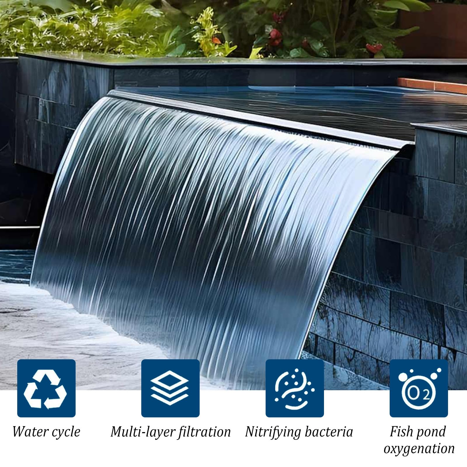 Juego de cascada de estanque de 30 cm de acero inoxidable con bomba, cascada para estanque de jardín, juego completo para estanque de jardín, arroyo y fuente de agua, 45 W, 3000 L/h, incluye