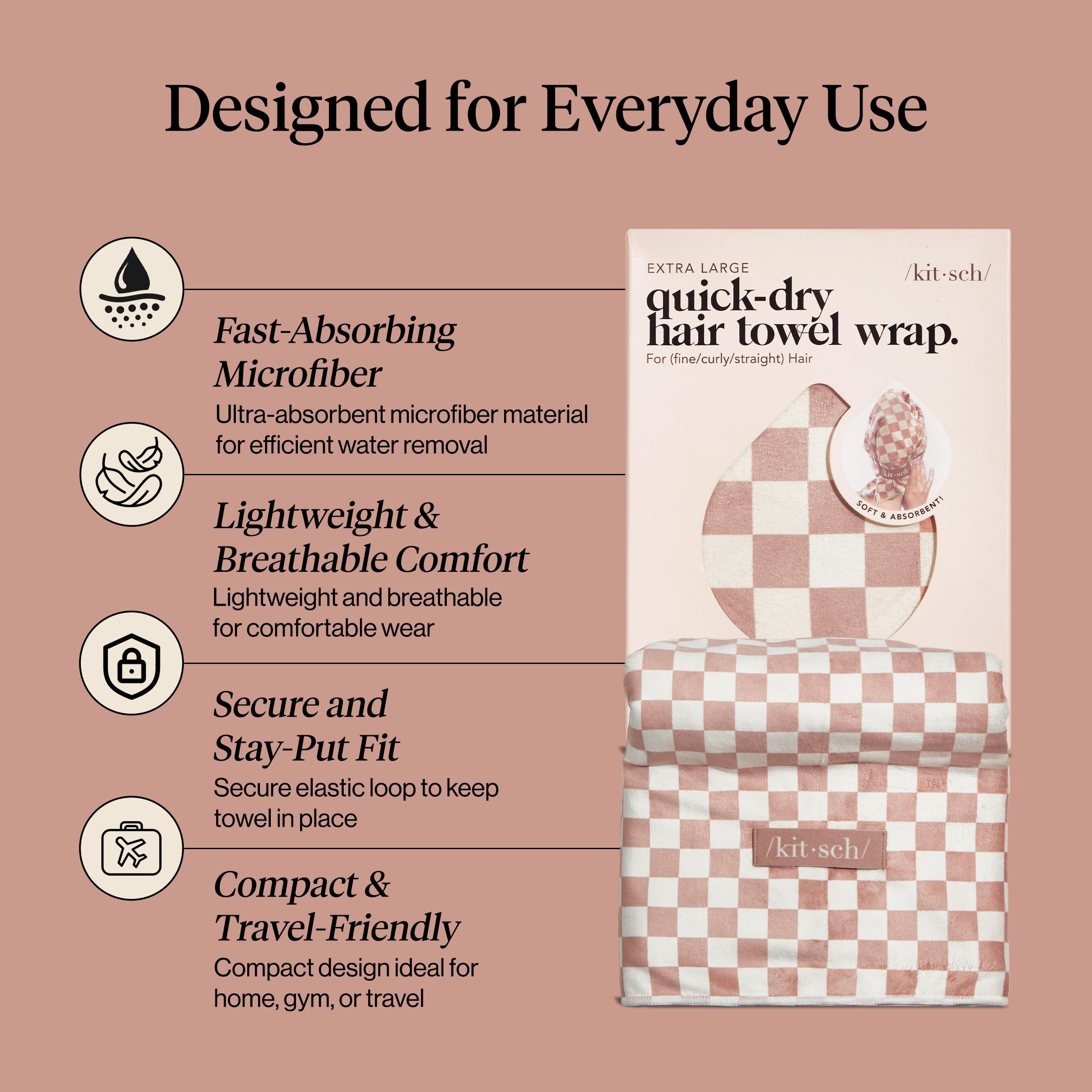 Kitsch Kitsch XL Microfiber Hair Towel Wrap for Women – Ultra Absorbent Microfiber Towel for Wet, Curly, Long or Short Hair – Quick Dry, Anti-Frizz Hair Wrap – Terracotta Checkered, 40x24 inches in use