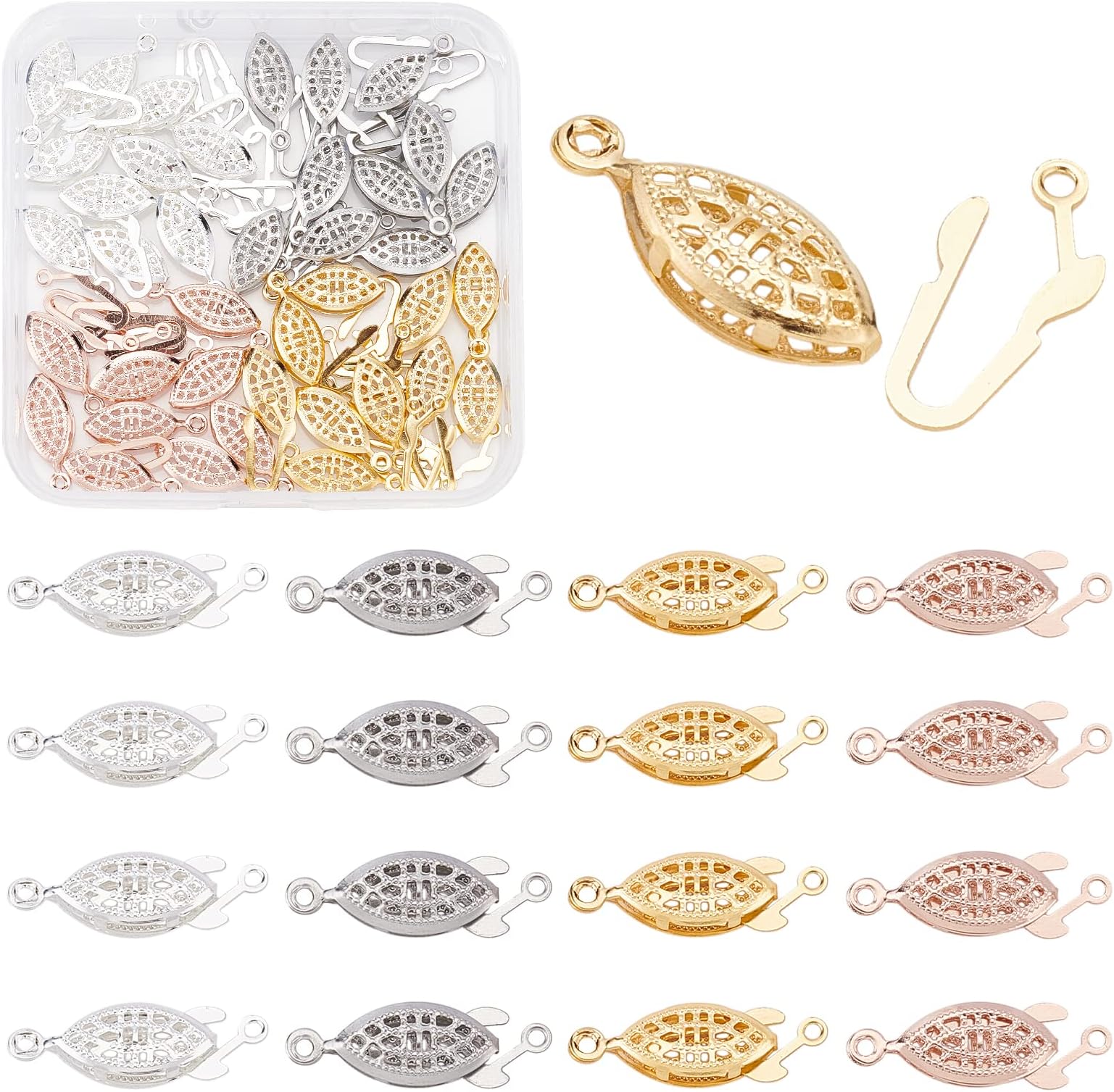 PH PandaHall 40 Sets Filigree Clasp, 4 Color Oval Box Clasps Jewelry Slide Clasp Necklace Bracelet Connectors Filigree Fish Hook Clasps for Pearl Knotted Jewelry Making Craft Necklace Bracelet