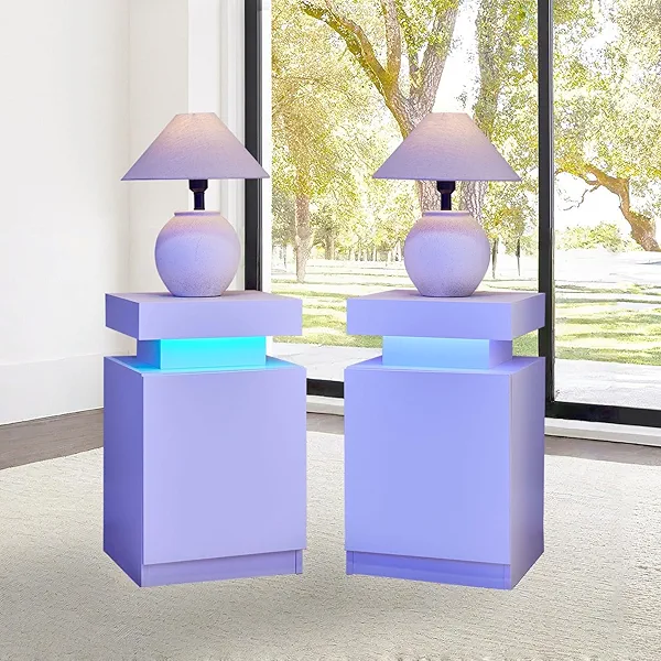 White Nightstands with Set of 2, LED End Table Set with One Storage Cabinet, Modern Bedside Table with Door for Bedroom