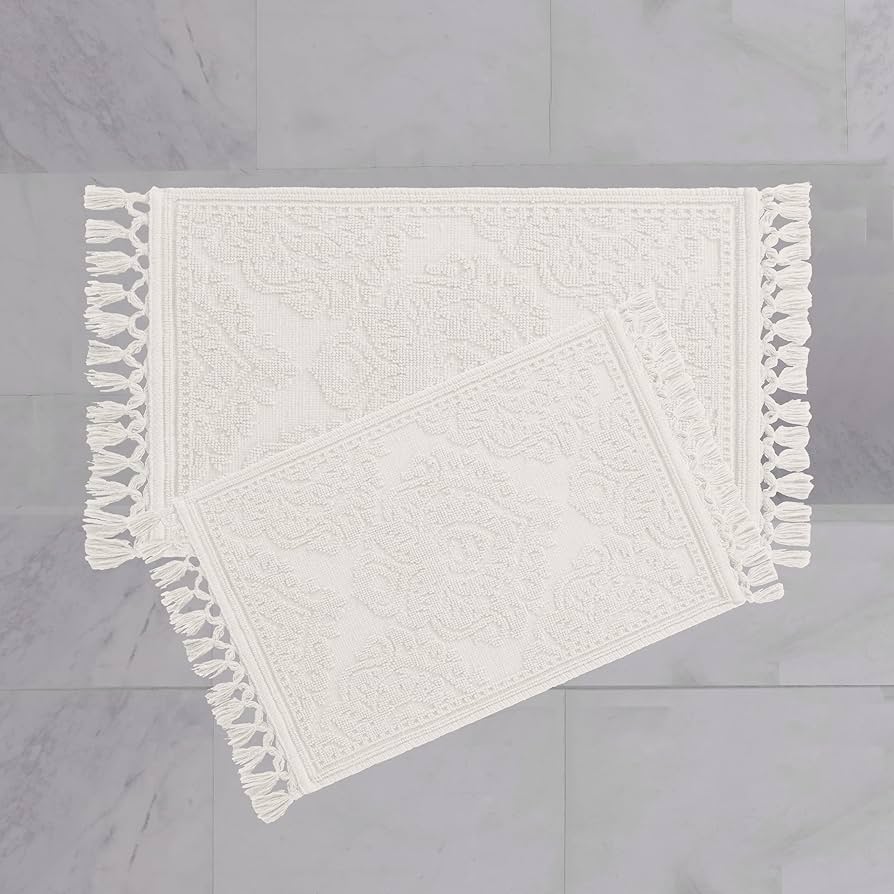 Jean Pierre - Ricardo Bath Mats, Set of 2 Woven Fringe Bathroom Rugs, 100% Cotton, Premium Bathroom Decor - Measures 17" x 31" and 21" x 41" - White
