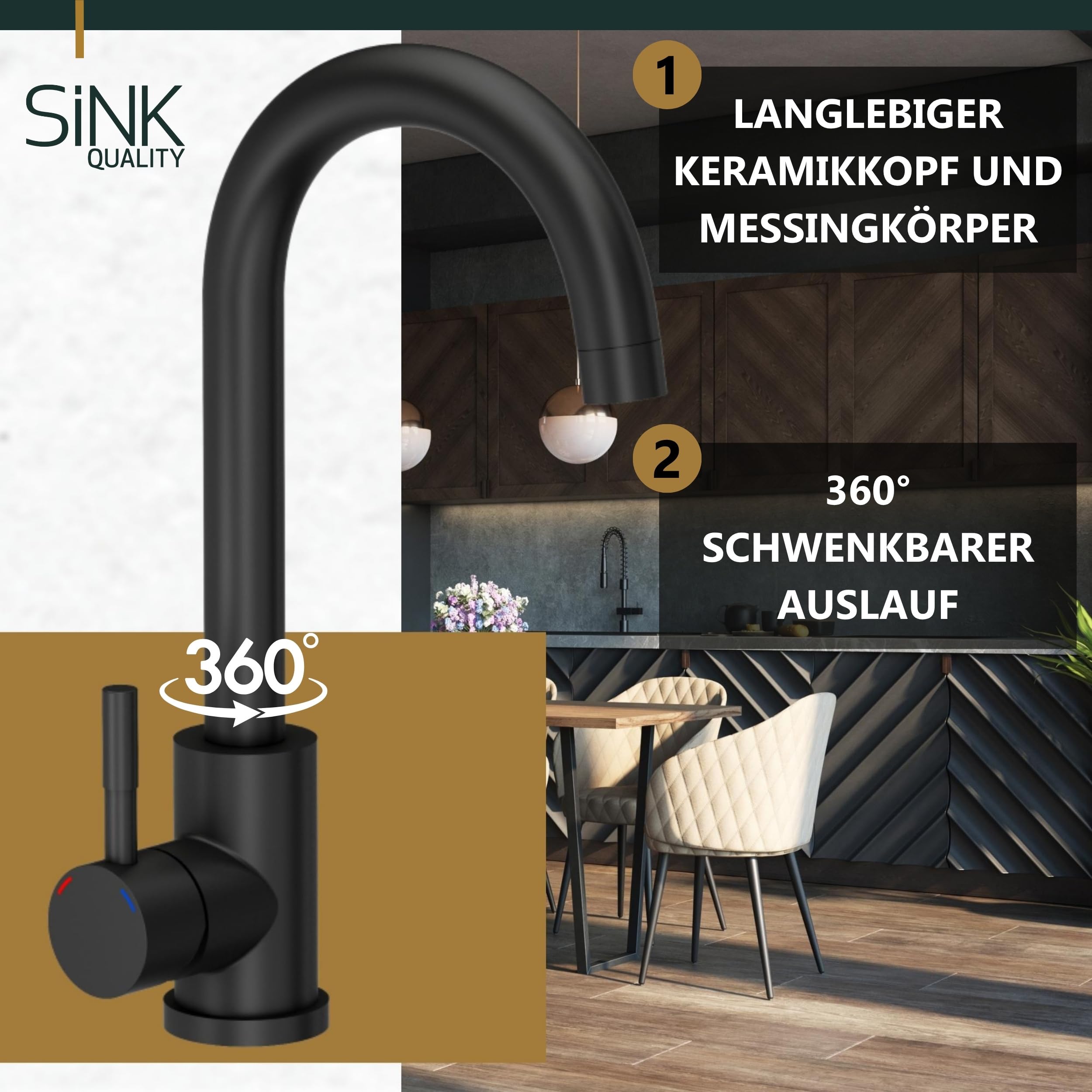 SINK Quality czarny zlewozmywak z armaturą zestaw 45 × 42 cm – zlewozmywak z kranem, syfonem i impregnacją – kompletny zestaw z granitu – zlewozmywak do szafki pod umywalkę od 45 cm
