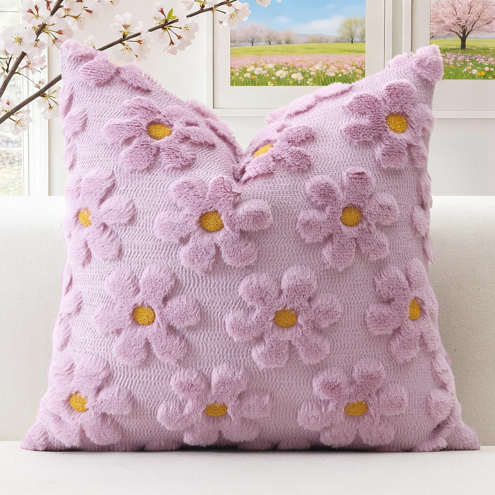 Artscope Spring Summer Cushion Cover Set of 1 Flowers Throw Pillow Cover for Sofa 40x40cm Square Seasonal Soft Plush Short Wool Velvet Cushion Case Holiday Decor Light Purple