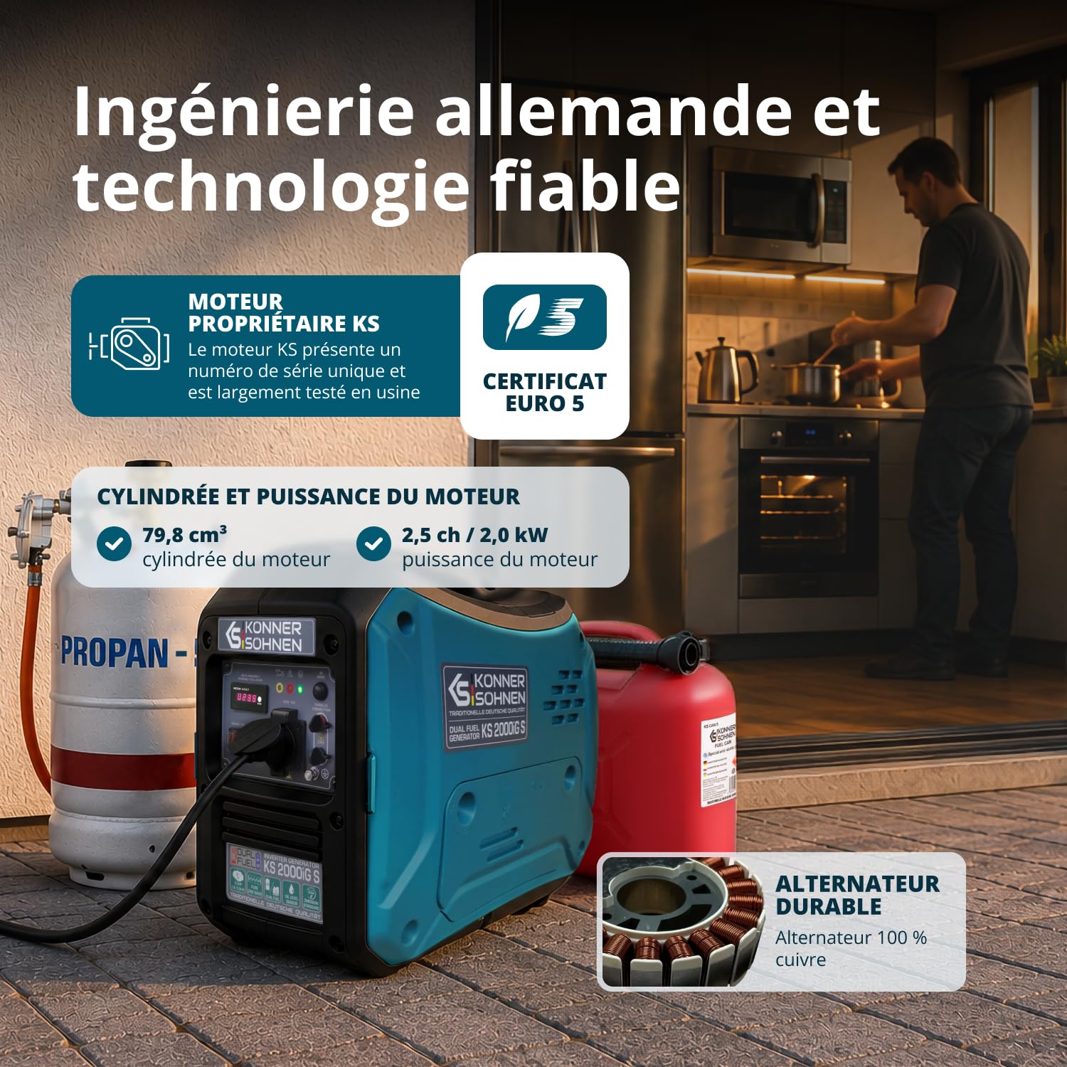 Générateur inverter à gaz/essence Könner & Söhnen KS 2000iG S, boîtier insonorisé, 2000 W, une prise 1x16A (230V), 2 ports USB, affichage LED, Economie mode, enroulement en cuivre, EURO V, onduleur
