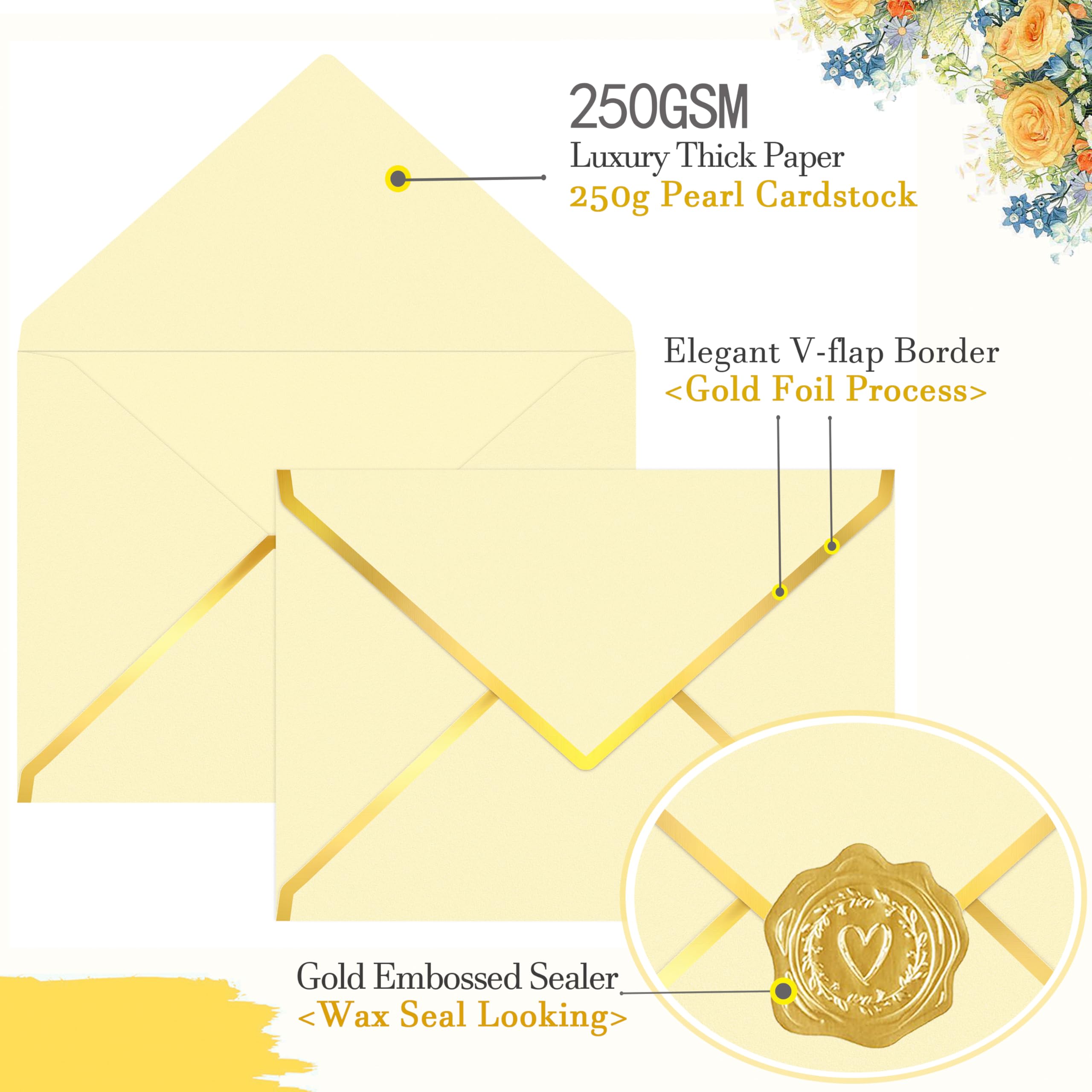 100 Pack 5x7 A7 Envelopes For Invitations, 250g Shimmer Cardstock 4x6 Business Envelopes With Gold Foil V Flap & Sealer, A6 Mailing Red Envelopes For 4x6 Cards Wedding Baby Shower Business(Rose Red