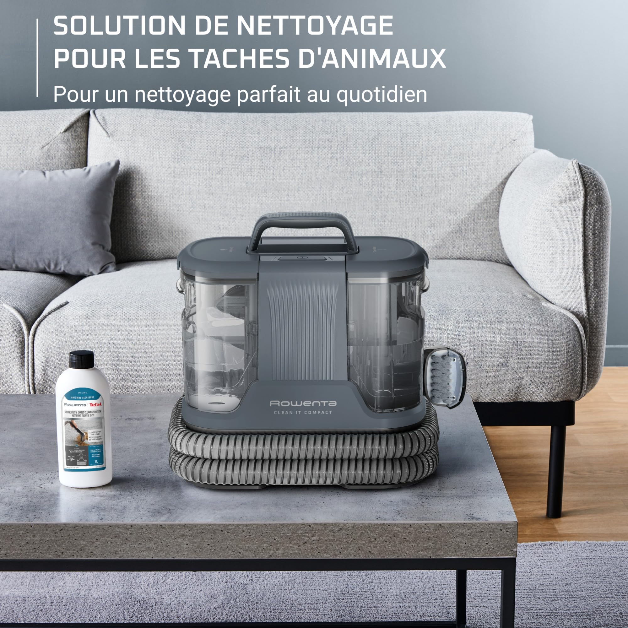 Rowenta, Clean It Compact, Shampouineuse, Détacheur, Nettoyeur Portable, Tapis, Intérieur de Voiture, Canapés, Design Compact, Puissant 400W, IN3011F0, Grise
