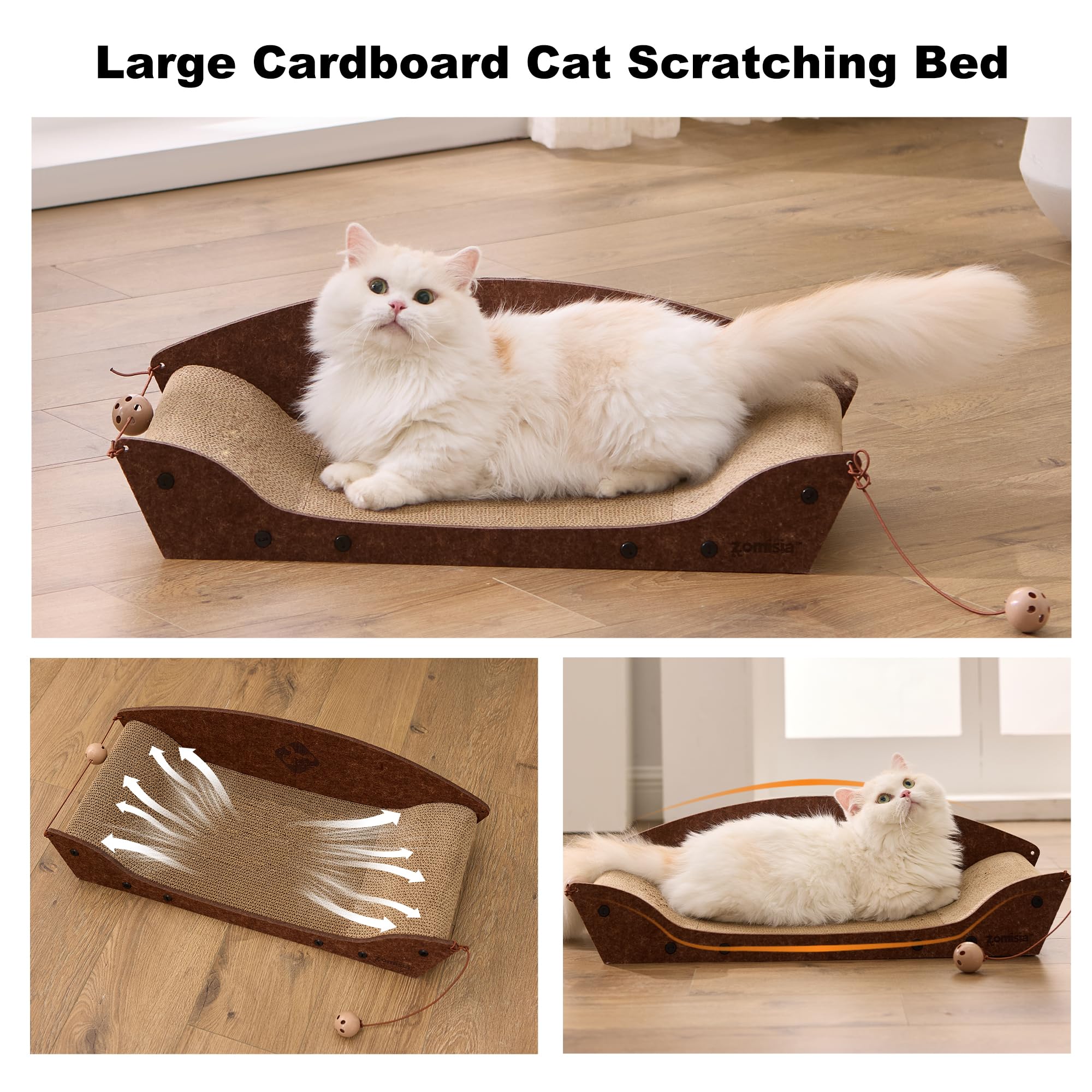 ZOMISIA Kratzbrett Katzen 66cm - Großes Kratzpappe für Katzen aus Hochwertiger Pappe, Kratzbretter Katze mit Glockenball-Spielzeug