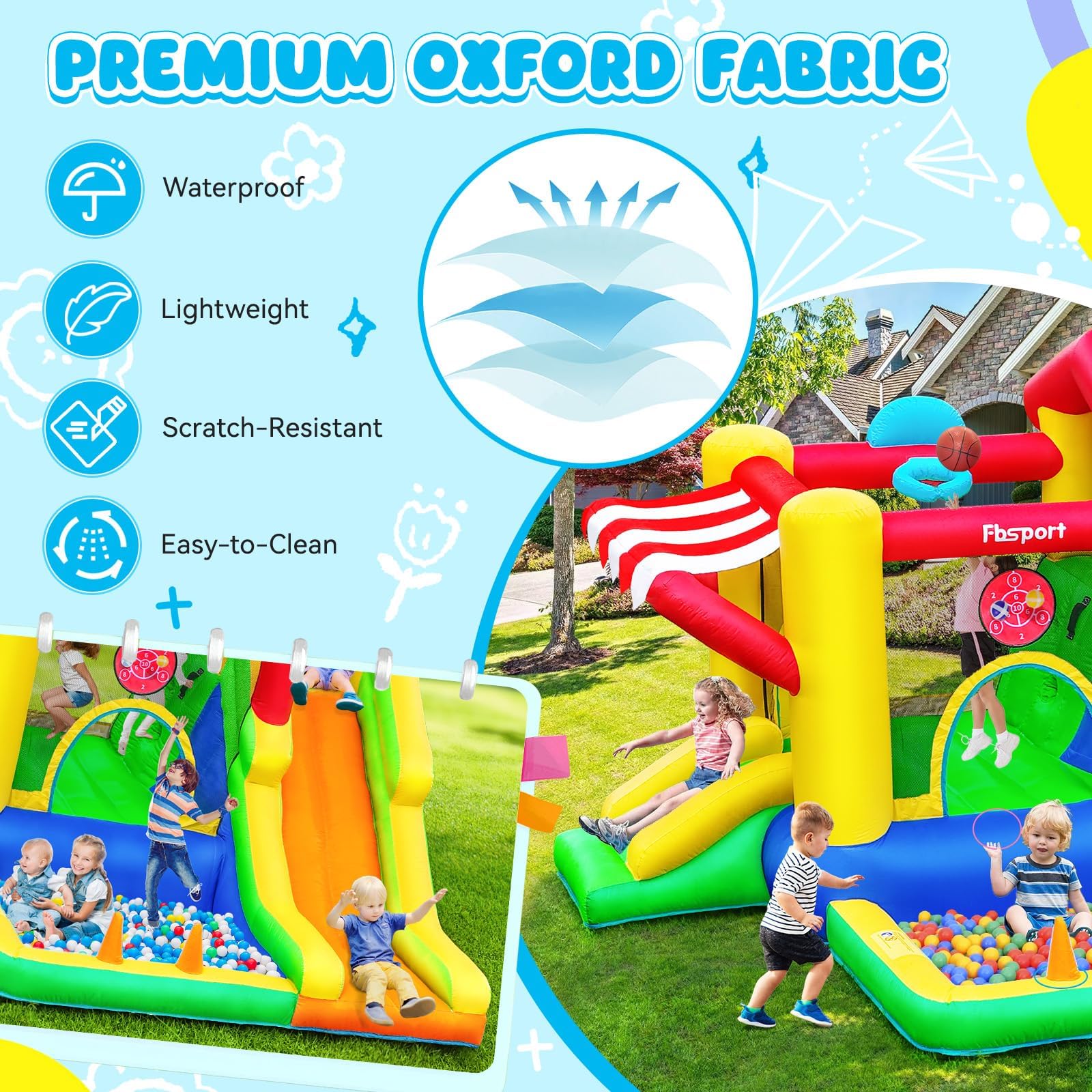 FBSPORT Hüpfburg Kinder Indoor Outdoor mit Doppelrutsche, Trampolin, Bällebad, Kletterwand, Fußballtor und Basketballkorb, Belastbar bis 135 kg, 322 × 305 × 208 cm