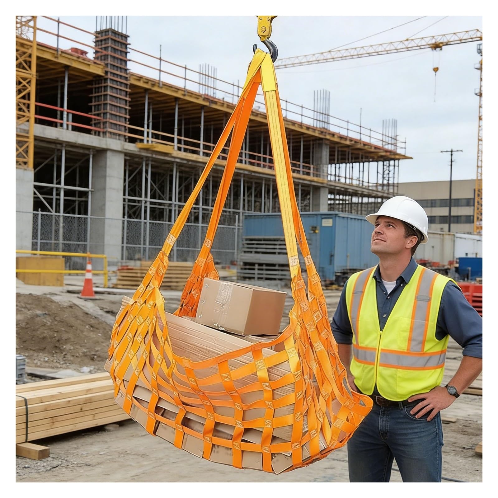 WQPMNYG Hoisting Lifting Nets,Heavy-Duty Cargo Lifting Net, 3x3m Nylon Sling Hoisting Net for Trucks, SUVs & Trailers - 4 Ton Capacity, Ideal for Construction & Rigging, Durable Cargo Nett