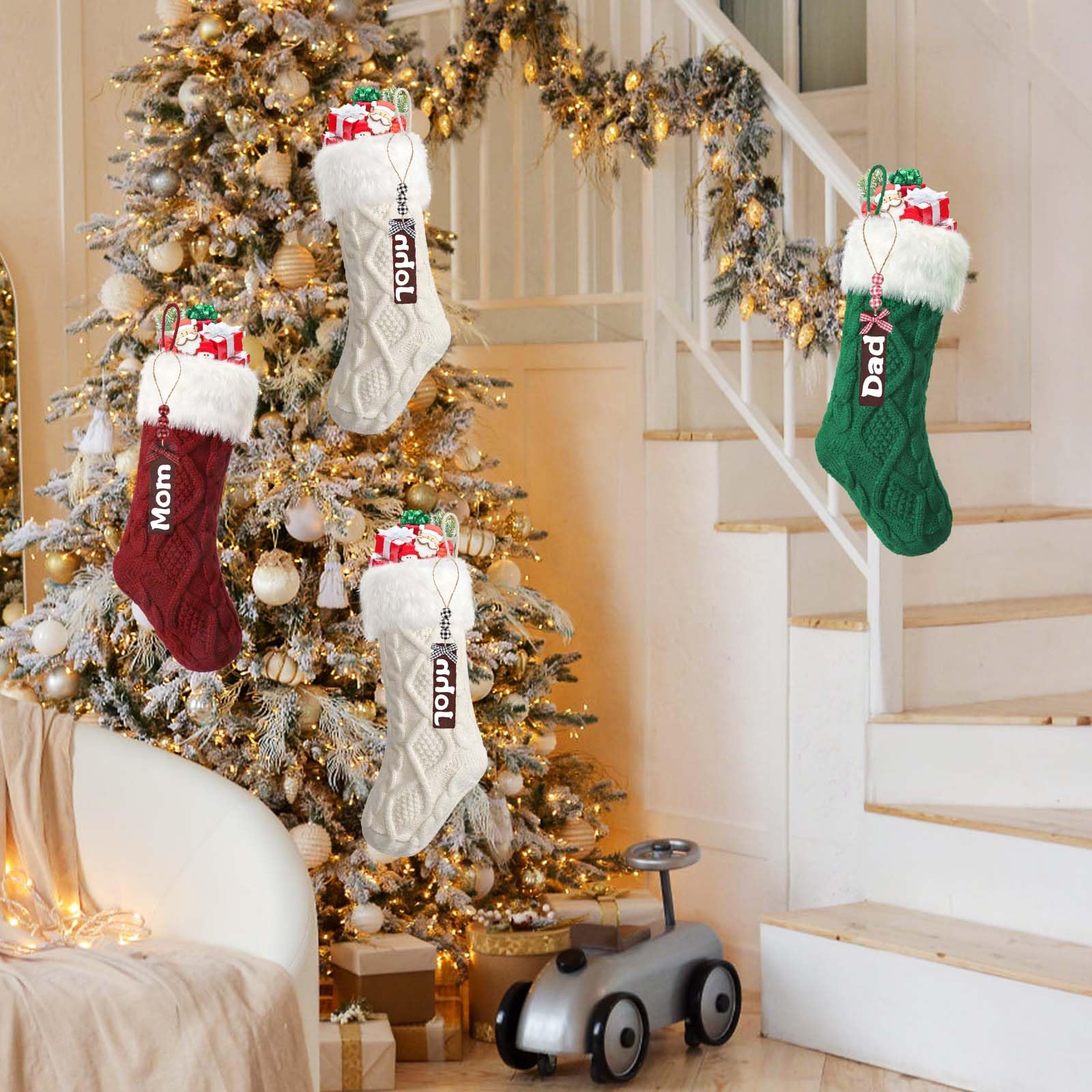 3 pezzi Calze natalizie lavorate a maglia in lana con targhette con nome, calze di Natale decorative, calze di Natale per feste di Natale, decorazioni natalizie e regali per bambini