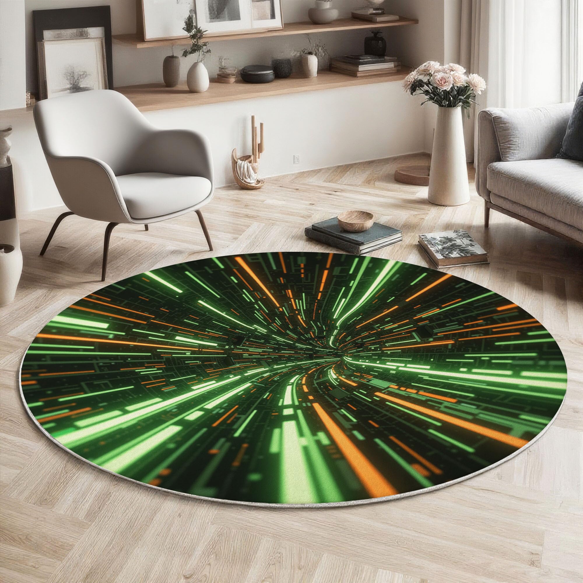 Tapis Rond Lignes Espace Tunnel 160cm, Style Futuriste Lavable en Machine Tapis Rond pour Salon, Antidérapant, Imprimé pour Salle à Manger, Chambre, Nurserie, Vert