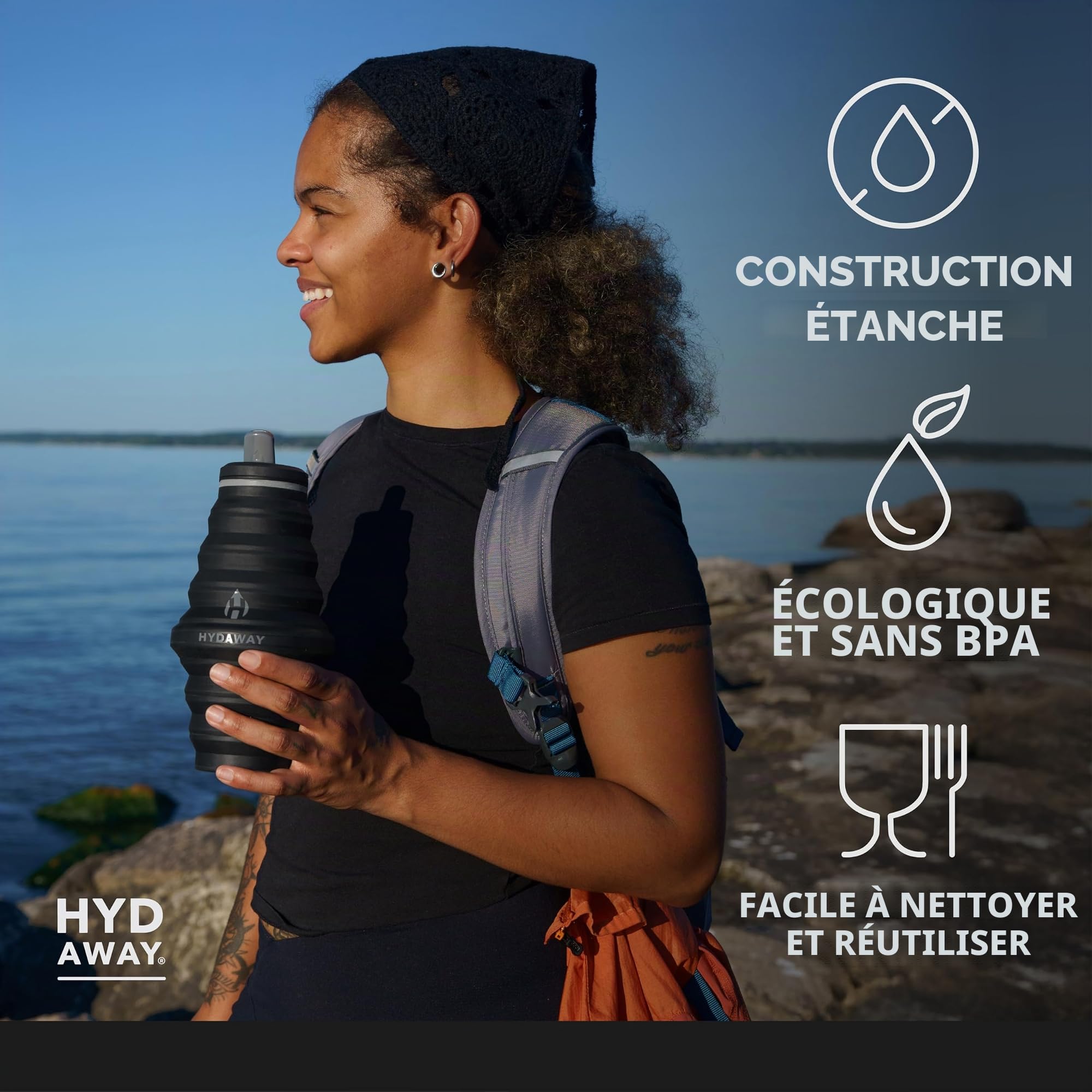 HYDAWAY - Bouteille d'eau pliable, couvercle à rabat, facile à emporter, pratique lors de vos déplacements, silicone de qualité alimentaire, 750 ml