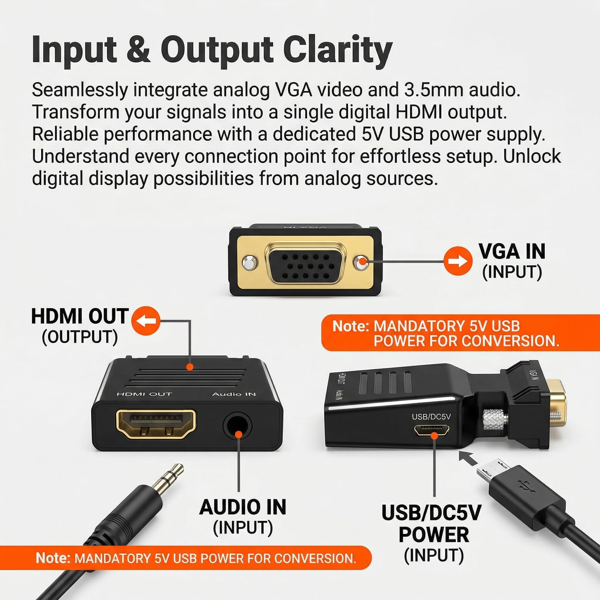 Adaptateur VGA vers HDMI 1080P 60Hz avec Câble Audio 3,5 mm Convertisseur Actif