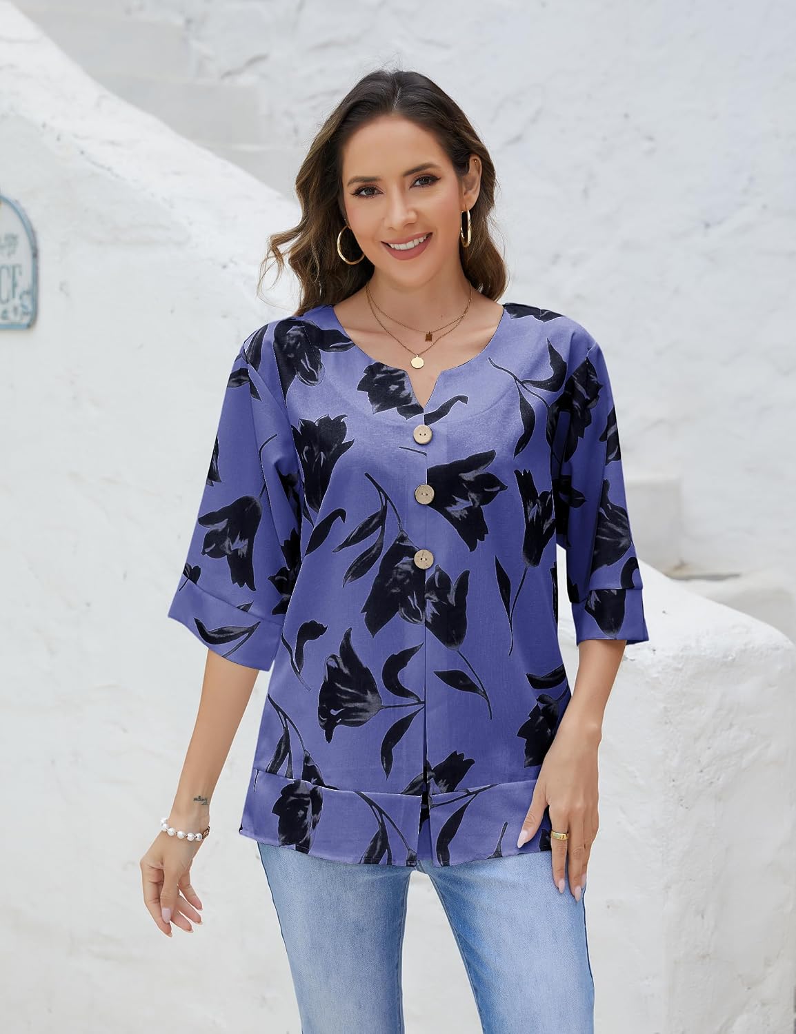 3/4 Length Sleeve Womens Tops Dressy Casual Summer Blouses Floral Print Button Up Tunic Shirts Vacation Outfits