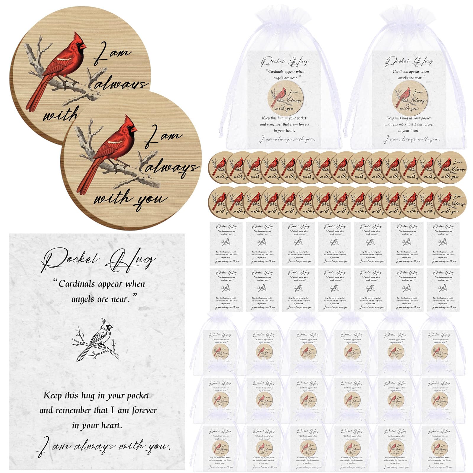 Clabby 50 Set Funeral Favors Celebration of Life Favors Wooden Red Cardinal Pocket Hug Token Funeral Prayer Card Organza Bag Cardinal Memorial Gift for Guests Family Prayer Church Favor Decorations