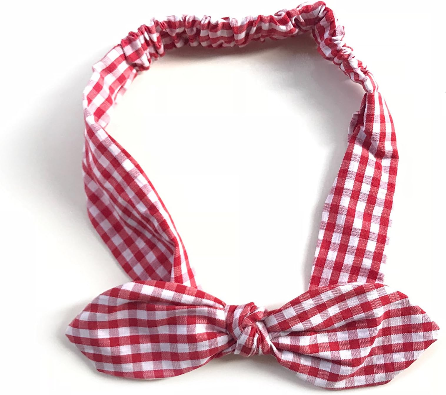 Classic Gingham Plaid Checkered (Red and White) Women Elastic Headband Head Wrap Bow Rounded Rabbit Ears Bandana