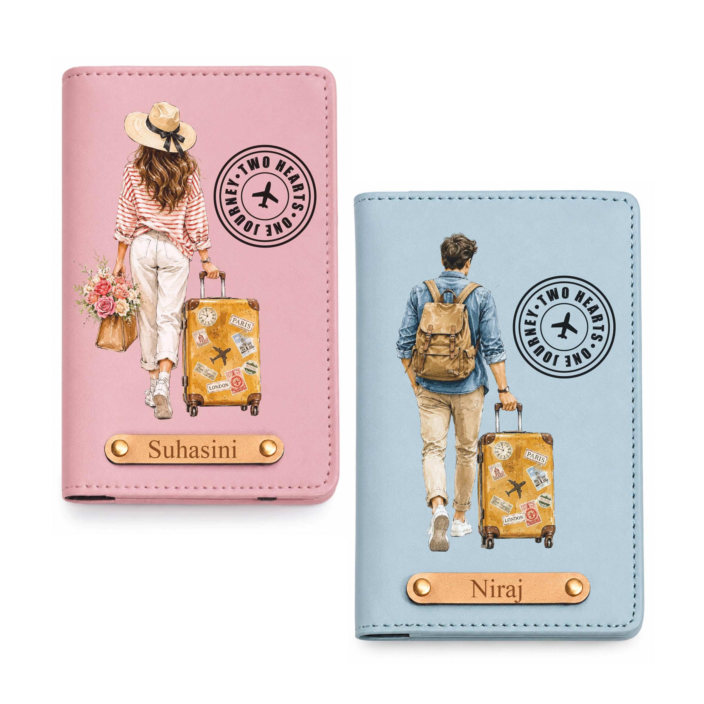 Personalised Couple Passport Holder Set of 2 with Name | Premium Vegan Leather Travel Passport Covers for Him & Her, Pink & Light Blue - One Journey-image-28