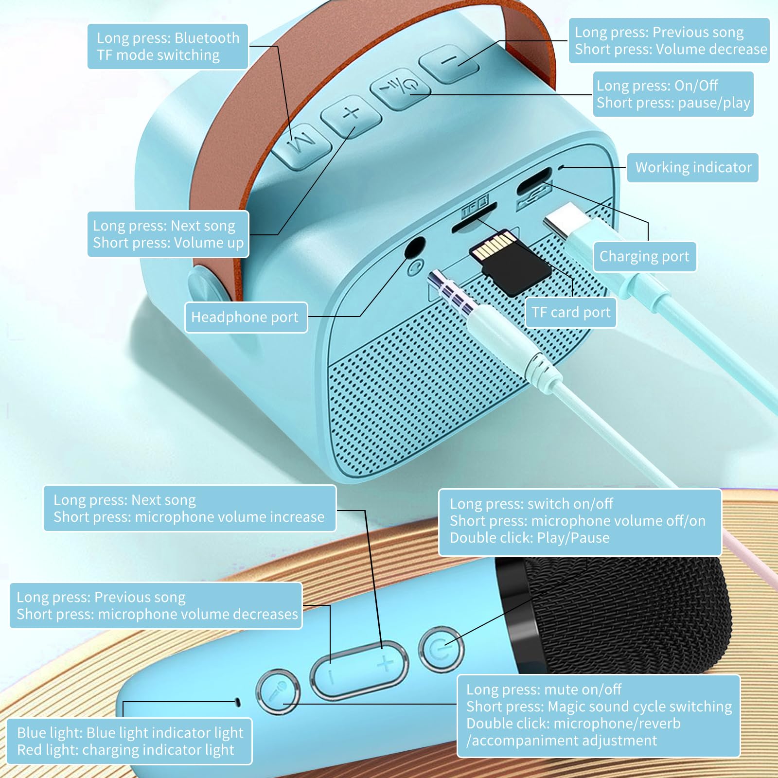 mikrofon do karaoke dla dzieci, urządzenie do karaoke z bezprzewodowymi mikrofonami, zabawka z efektami zmiany głosu i Bluetooth, dla chłopców i dziewczynek, niebieski