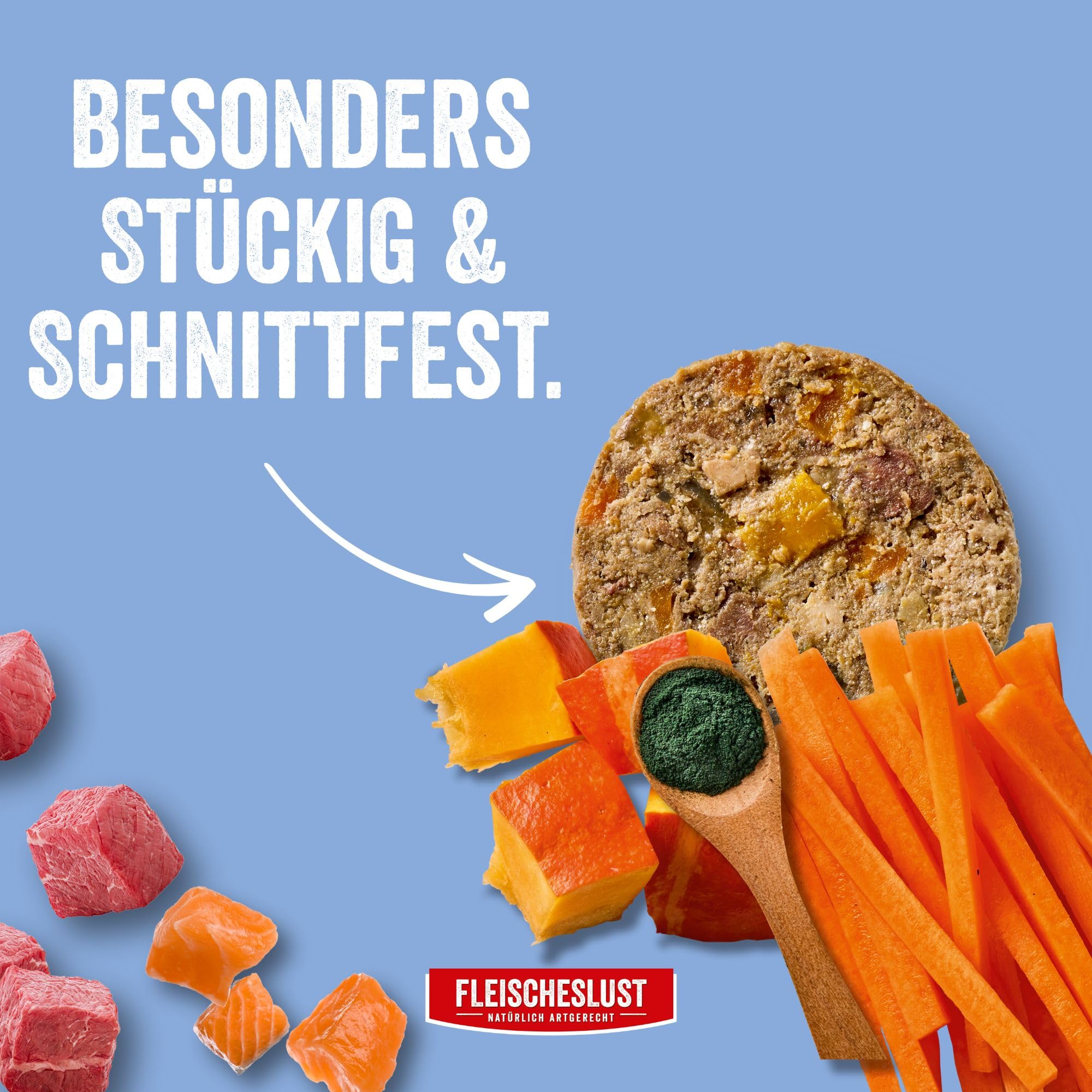 Fleischeslust Salchicha para perros, salmón y ternera con zanahoria, calabaza y espirulina, caja de alimentos (6 x 800 g), comida húmeda, resistente a los cortes, sin cereales, pienso completo para