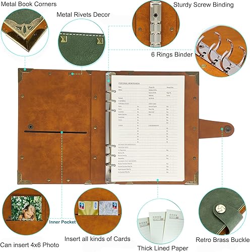 Miniatura 3 de Cuaderno A5 de cuero forrado con 12 marcadores, 6 anillas, planificador A5, cuaderno recargable, bloc de notas, diarios de escritura para niñas,