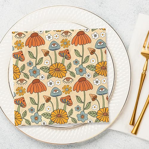 Miniatura 4 de AnyDesign 80 servilletas de papel florales bohemias, desechables, hongos, flores, ojos, almuerzo, retro, hippie, postre, cena, servilletas de mano