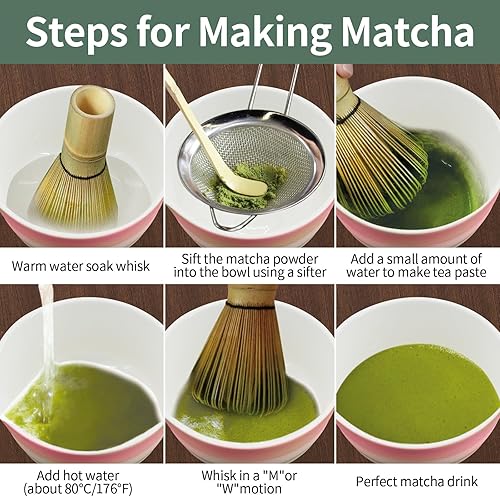 Miniatura 7 de Juego de 7 batidores de matcha, juego de ceremonia, cuenco de cerámica esmaltado degradado, persecución de bambú y soporte, cuchara de tamiz de