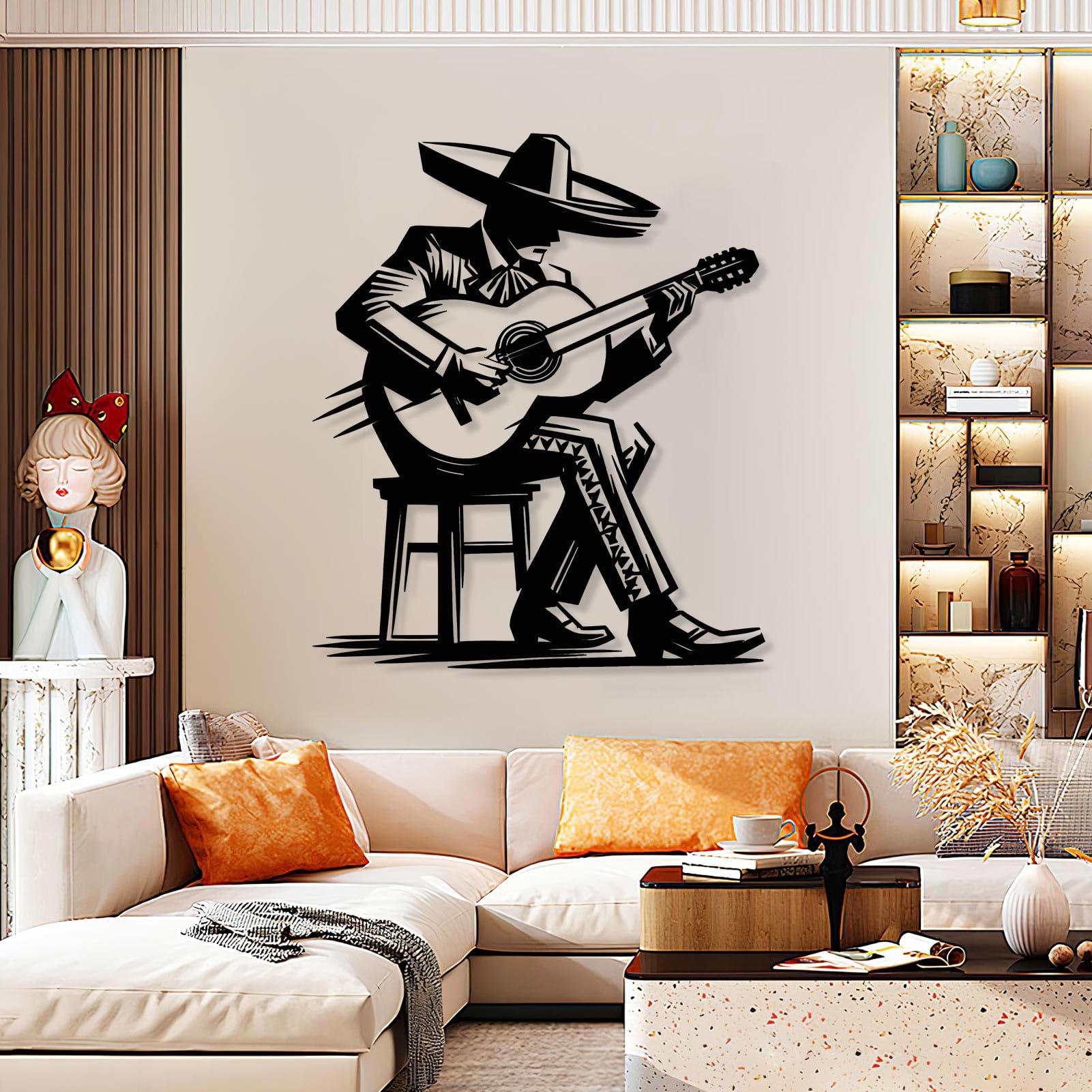 Generisch Metall-Wandkunst mexikanischer Gitarrist Musiker-Wanddeko Gitarrenmusiker-Silhouette mexikanische Deko Musik-Wohndeko Wohnzimmer-Wanddeko modern (Silber 31"x27" | 80x68cm)