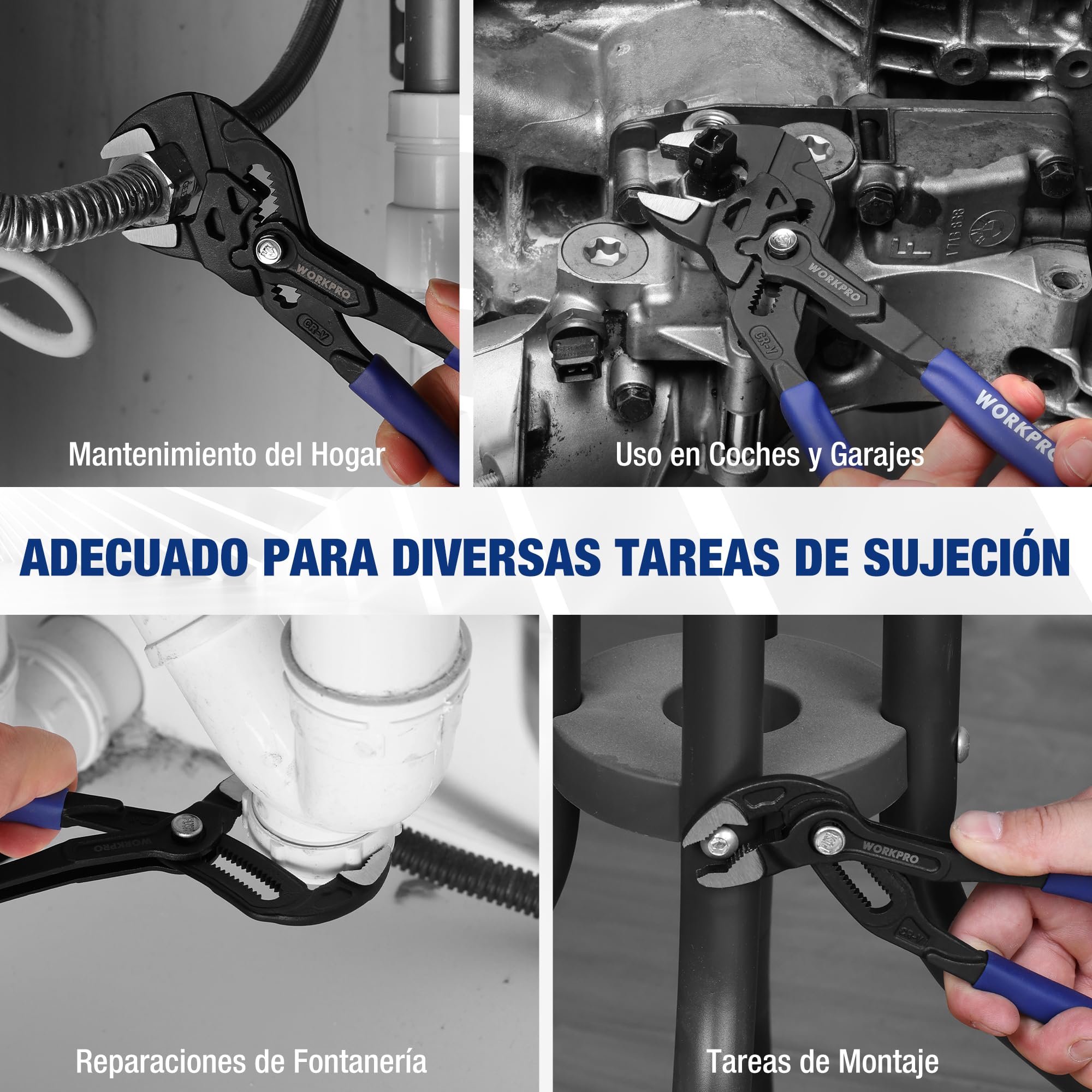 WORKPRO Juego de Llave Ajustable y Alicate de Bomba de Agua 2 Piezas, 180 mm, Alicate de Ranura sin Dientes y Llave para Tubos de Acero Cr-V Resistente, Ajuste Rápido para Trabajos de Reparación