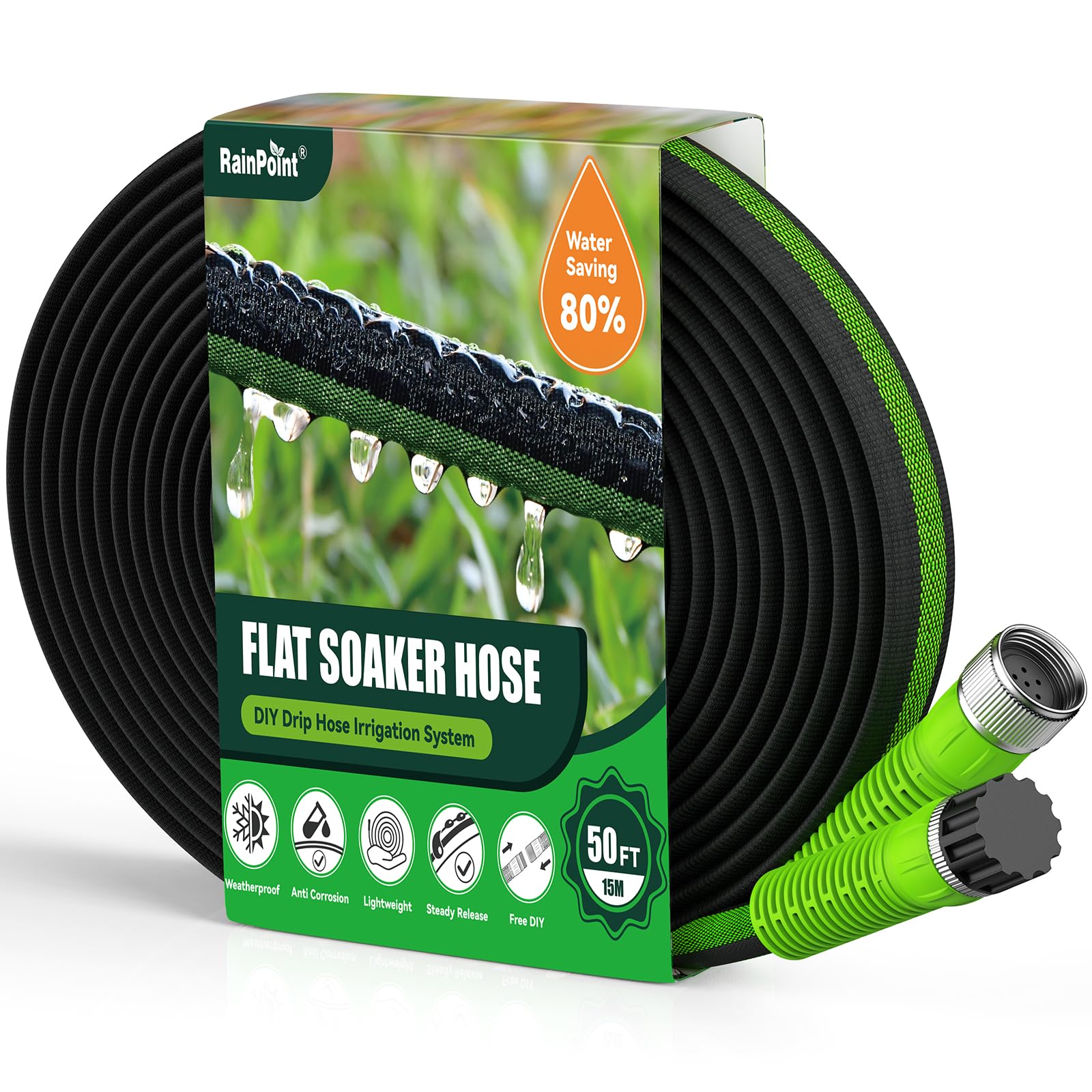 RAINPOINT Flat Soaker Hose 50ft, 80% Water-Saving Drip Irrigation Hose for Garden, Leakproof and Flexible with Anodized Aluminum Ends, Double Layer Soaking Hoses for Garden, Vegetables, Green
