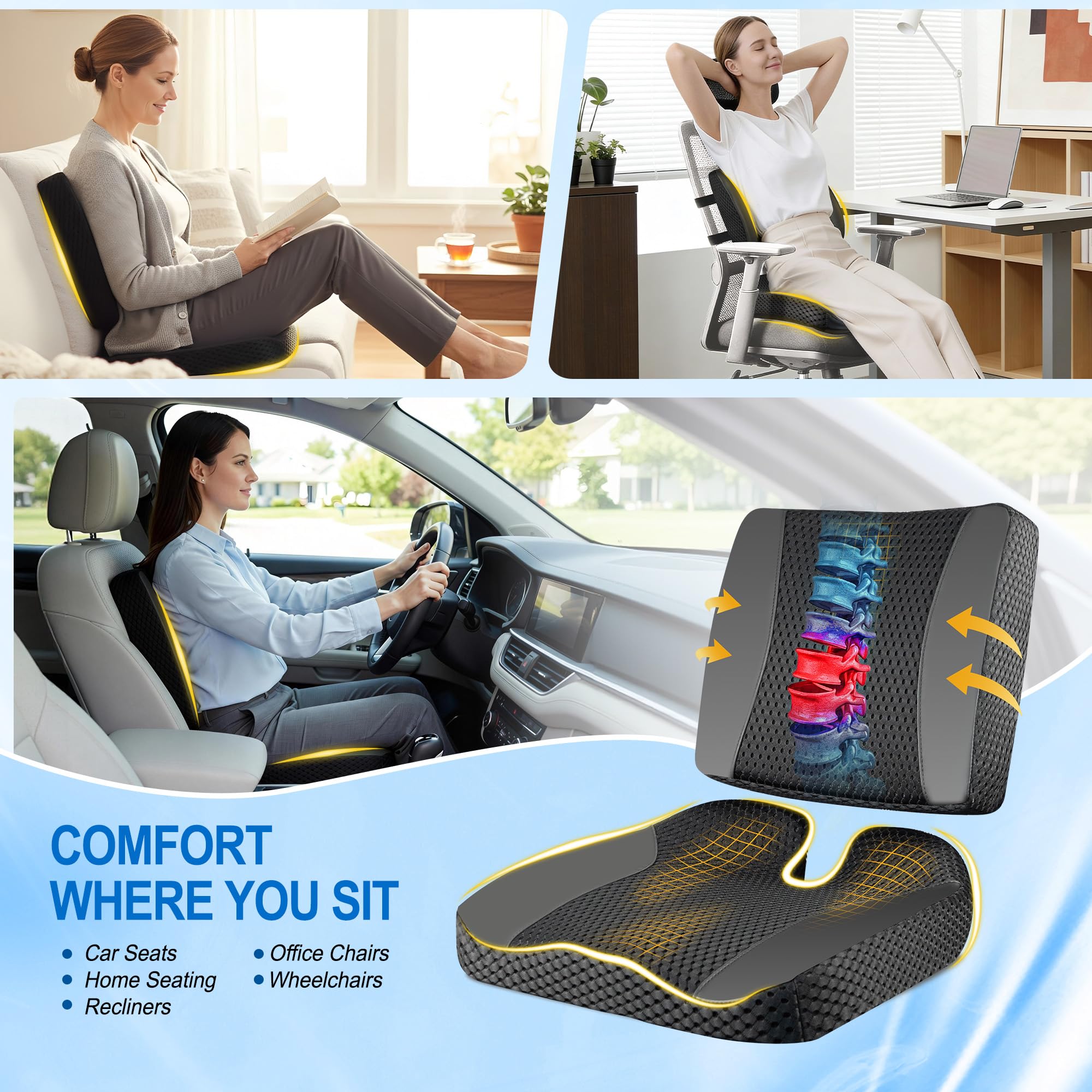 Cojines traseros y cojines de asiento: cojín de espuma viscoelástica para asiento de coche con cojín de apoyo lumbar para una conducción prolongada, cojín de silla de oficina para alivio del dolor